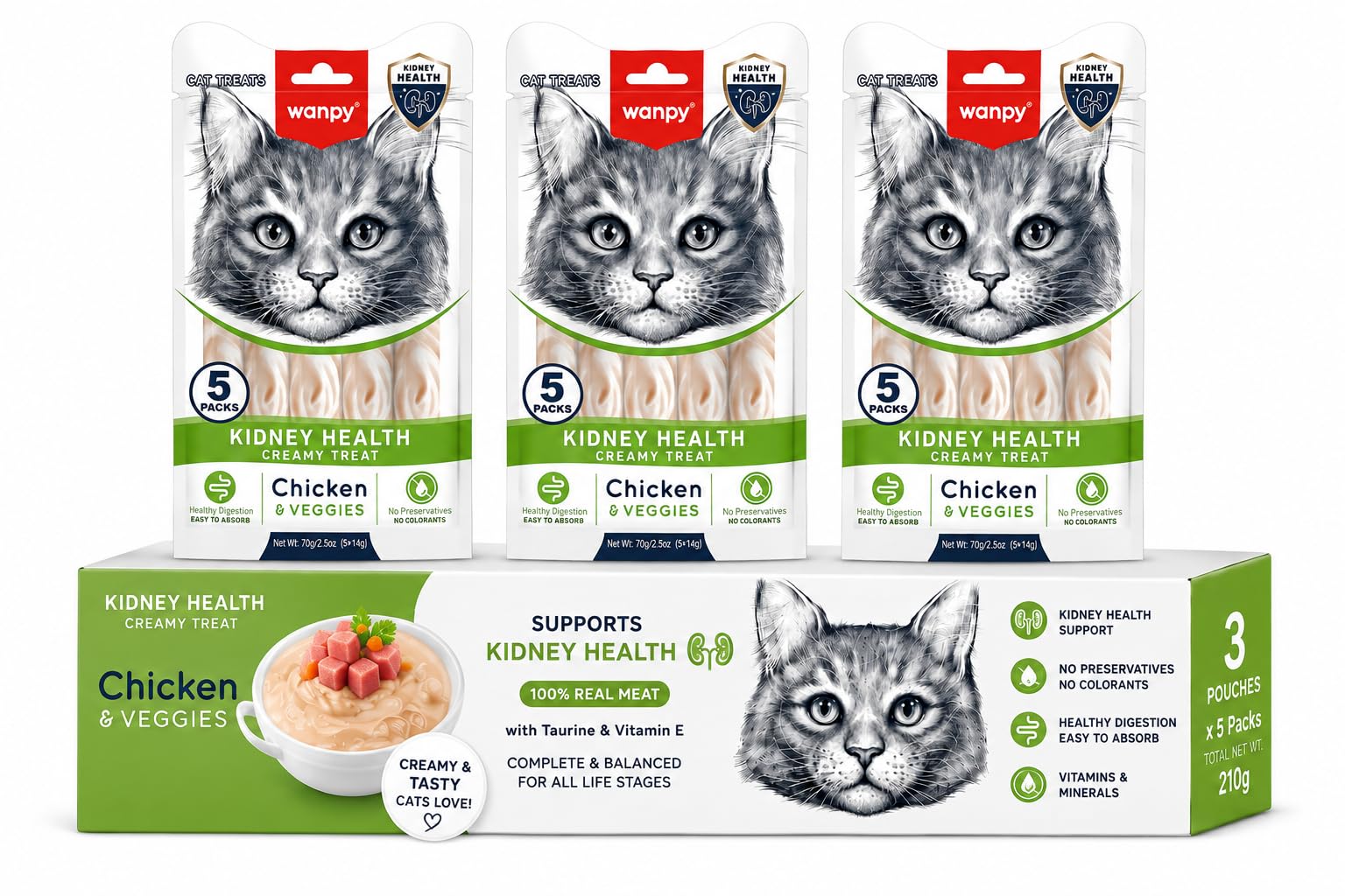 Wanpy Kidney Health Lickable Wet Creamy Cat Treats with Chicken & Veggies, 70g (5 x 14g) | Supports Kidney Health | Grain Free | High Protein | Healthy Digestion | All Life Stages | Pack of 3-image-24