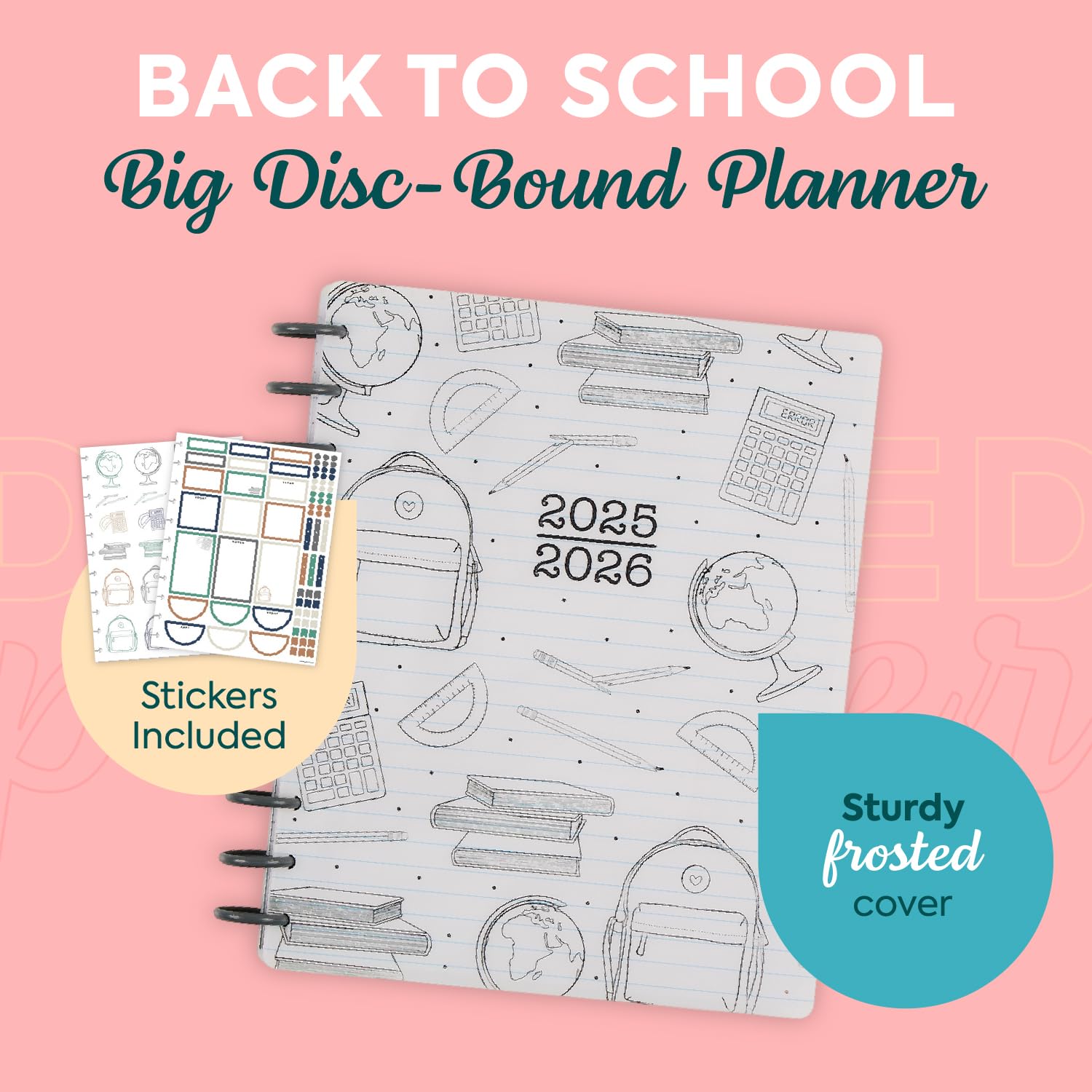 Happy Planner, agenda con rilegatura a disco, 12 mesi, luglio 2025-giugno 2026, con 3 mesi extra, grandi dimensioni, layout per insegnanti, Here We Go Again