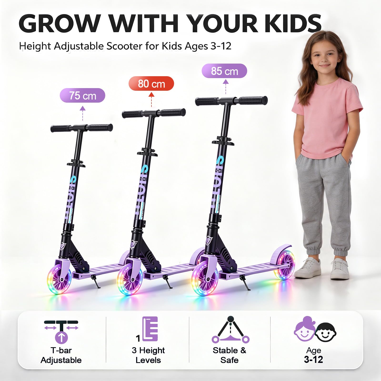 Trottinette pour Enfants avec Roue Lumineuse de 145 mm, Charge Max: 100 kg, Pliable, Hauteur Réglable, Scooter pour Garçons et Filles de 3 à 12 Ans, Aluminium