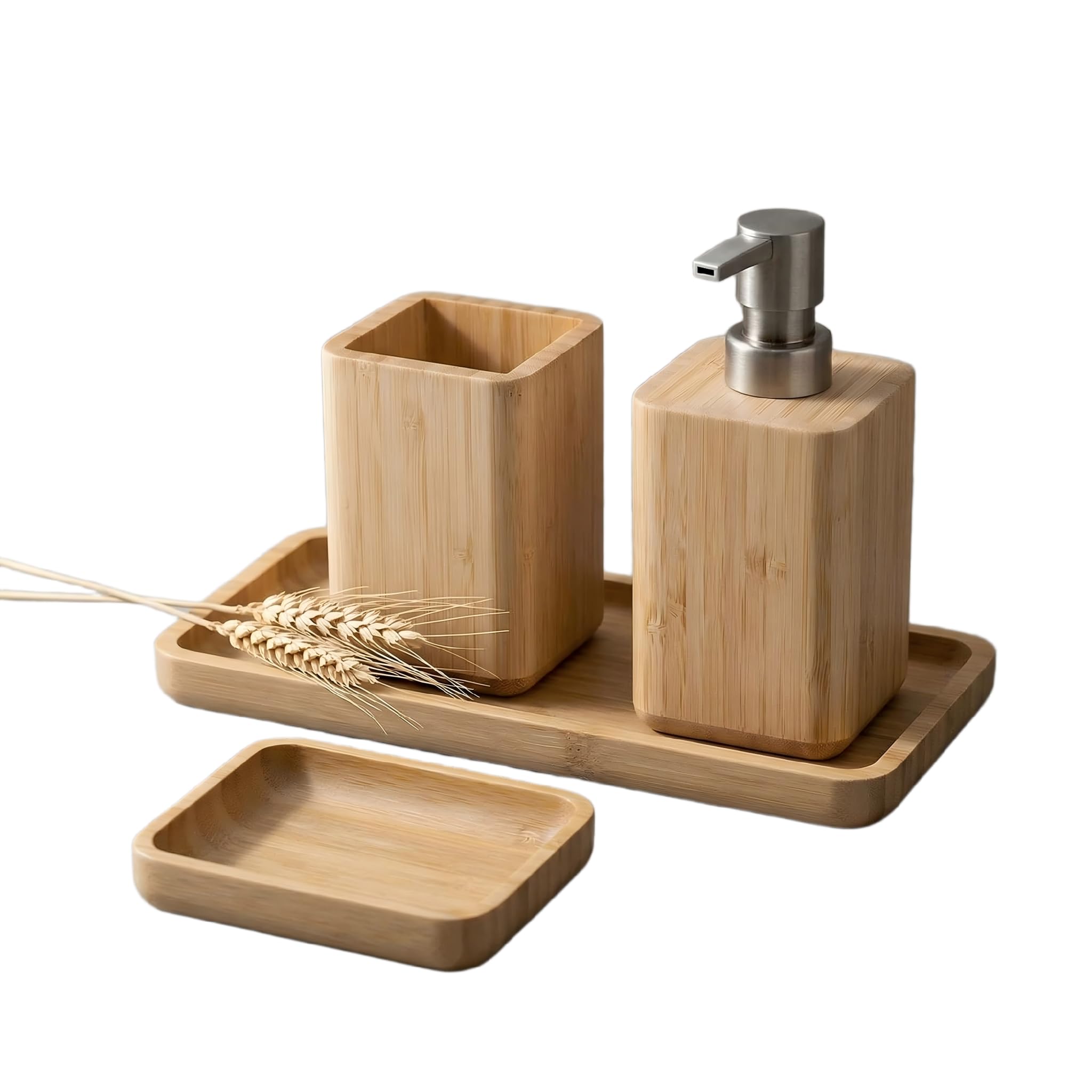 Set di accessori da bagno in bambù naturale con dispenser di sapone, portaspazzolino e portasapone e vassoio, realizzato a mano, design impermeabile