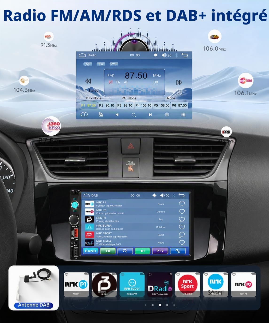 Hodozzy Dab+/Dab Autoradio 2 din Carplay sans Fil Android Auto avec Écran de 7 Pouces, Poste Radio Voiture Bluetooth Ecran Tactile avec Sortie Vidéo/RDS/FM/USB/AUX/TF+Caméra de Recul