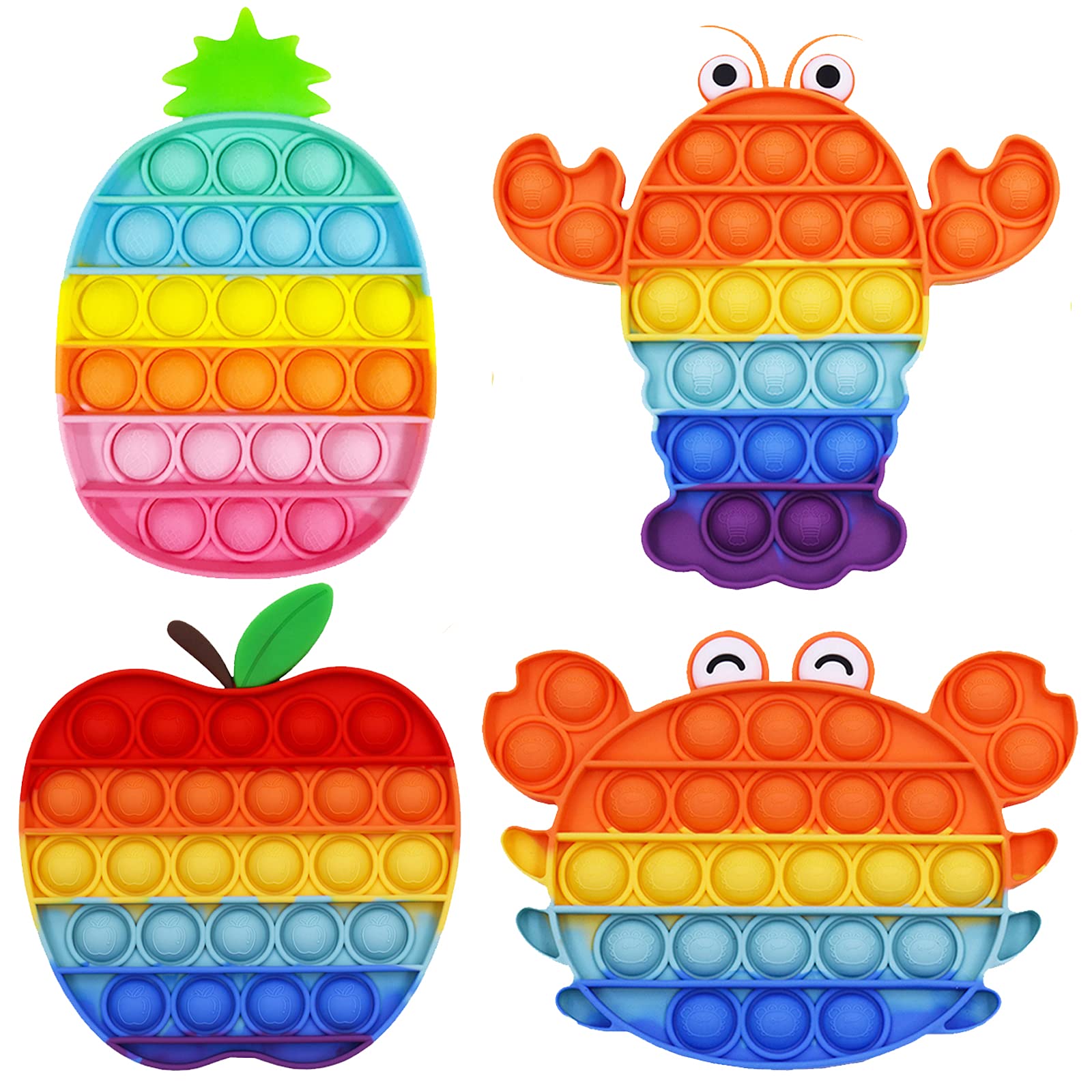ONEST 4 Pieces Silicone Push Pops Bubbles Fidget Sensory Toy Funny Pops Fidget Toy Autism Special Needs Stress Reliever Toy (Crab Fruit Lobster Pineapple)