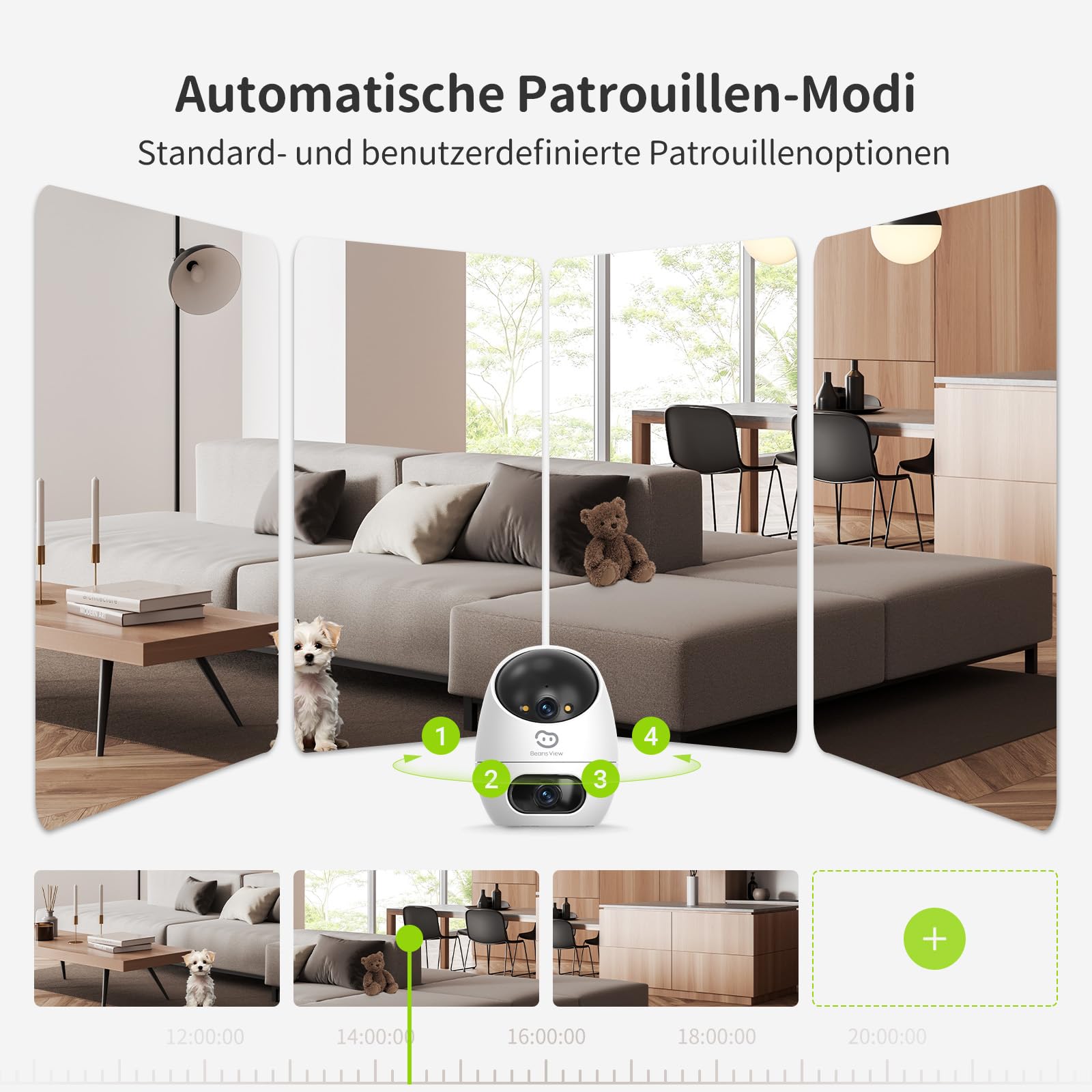 Beans View 2K+2K (3MP+3MP) Innenkamera Zwei Objektiven für Überwachung und Sicherheit, 2,4 GHz WLAN, 360°-Überwachung, Farb-Nachtsicht, Personenerkennung, Automatische Verfolgung, Kompatibel Alexa