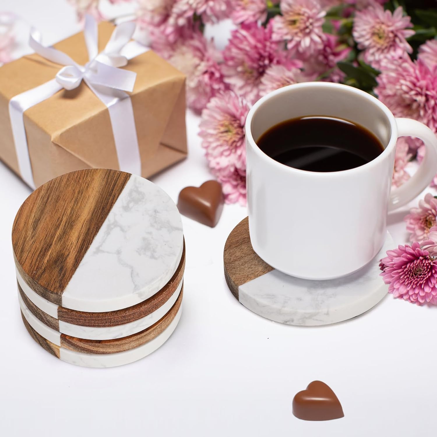 ZENFUN 6 Packs Marble Wood Coasters, Round Coaster, Handcrafted Artificial Marble Coasters Set for Your Drinks and Beverages, Tea, Coffee, Wine/Bar Glasses, Tabletop Protection Helper - Image 7