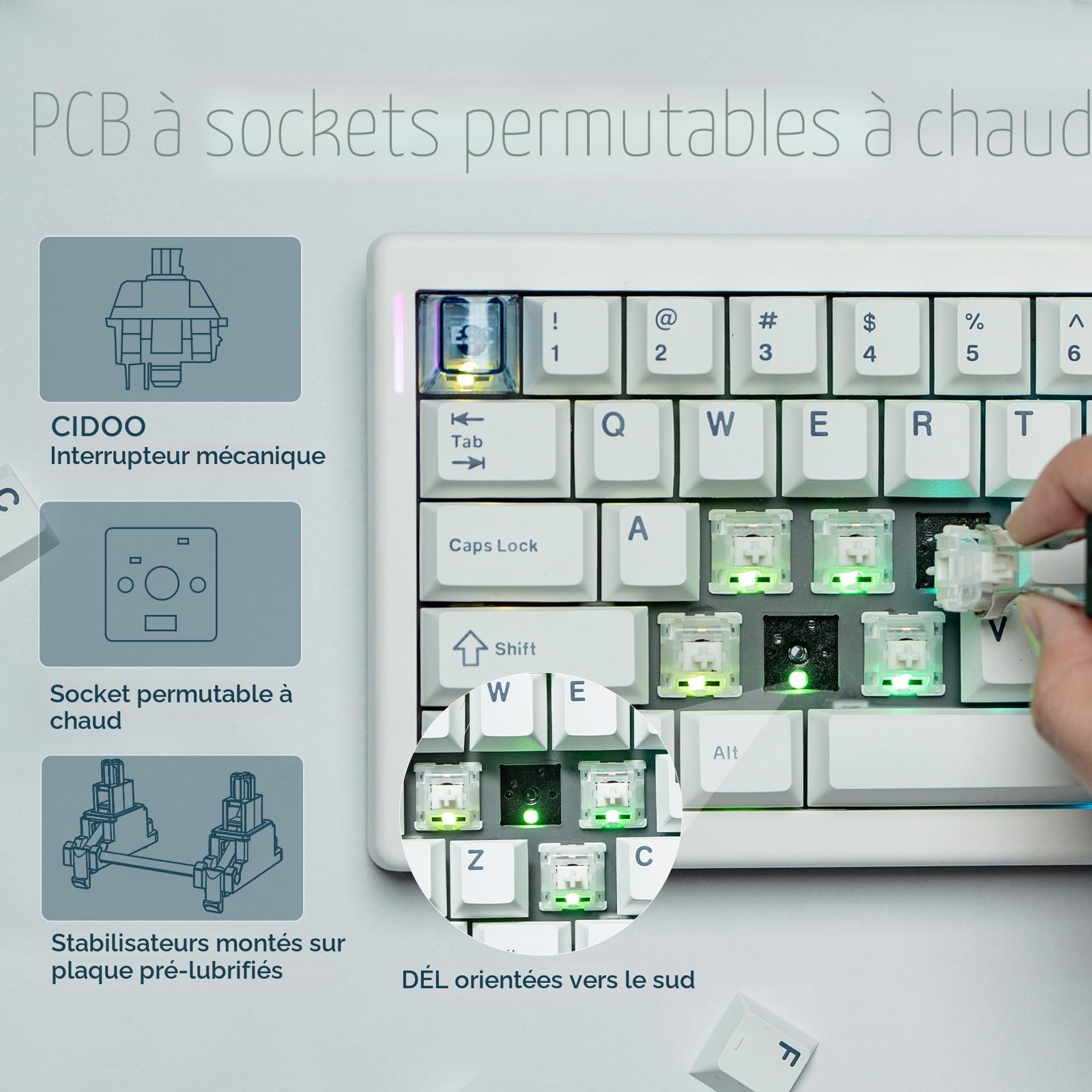 MechLands CIDOO QK61 V2 Via Clavier Programmable 60% Sans Fil, Clavier Mécanique Personnalisable à Chaud, Batterie 3000 mAh pour Win/Mac (Blanc)