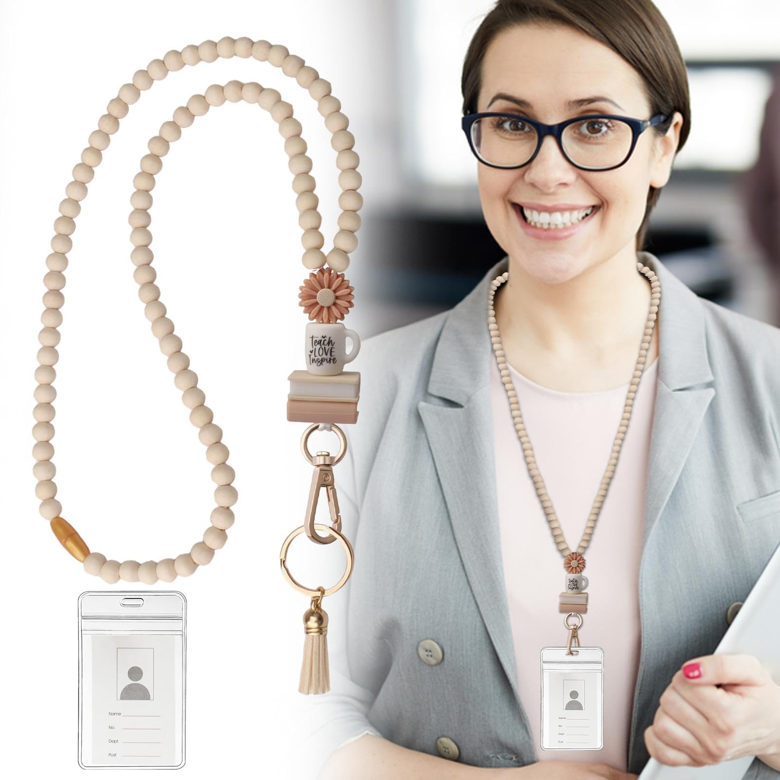 Cute Beaded Breakaway Lanyard For ID Badges & Keys - Silicone & Wooden Bead Design With 4 Tassels, For Teachers, Nurses, Office Staff