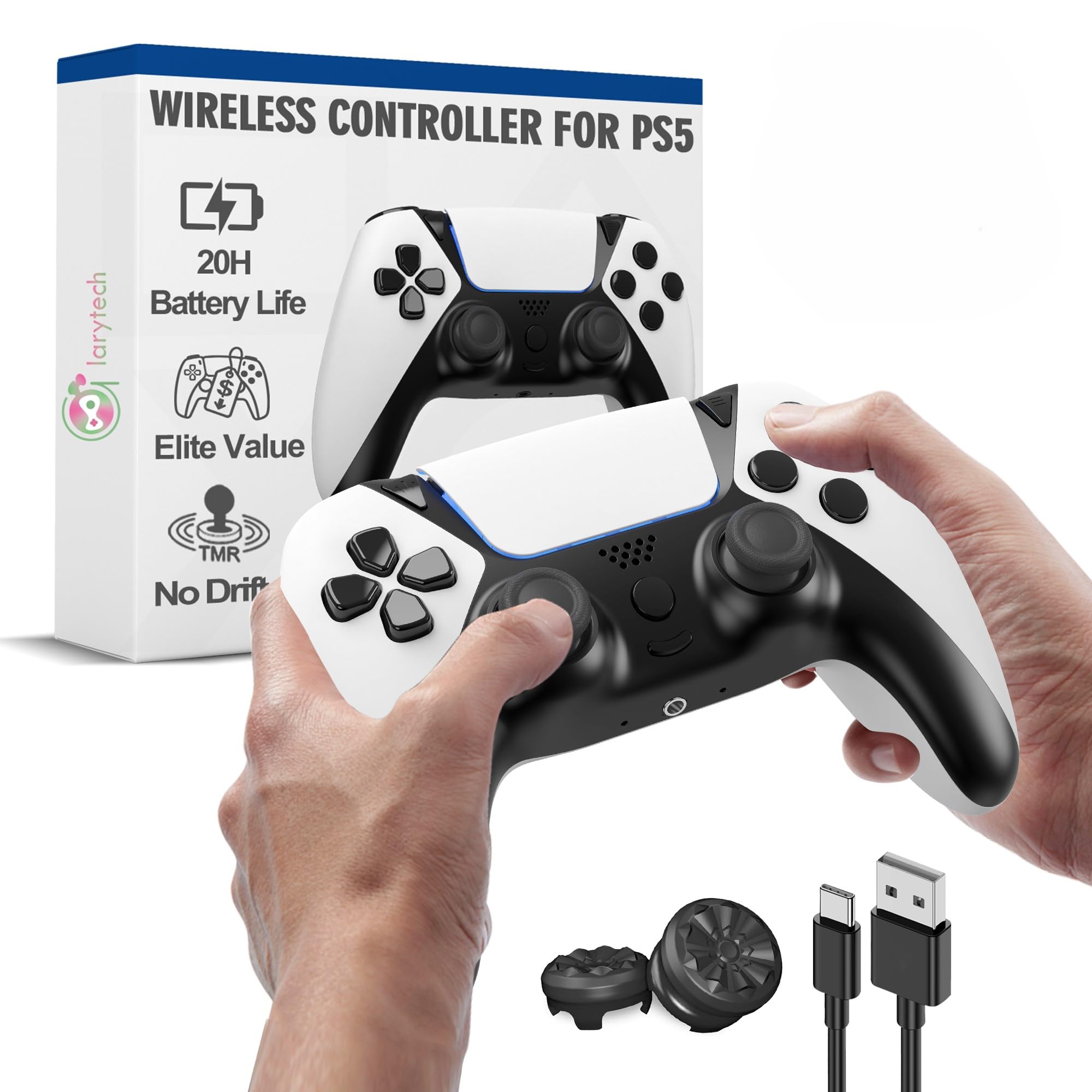 larytech Alternative for PS5 Controller, Wireless Pro Control Dual Hall Effect Joystick, Pa5 Remote for P 5 Controllers, No Stick Drift Gamepad Gaming Sense, 3.5mm Audio Jack Speaker, White