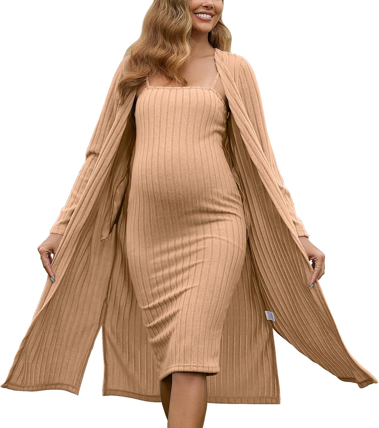 DEBELLY Maternity 2 Piece Set Knee Length Bodycon Dress with Transparent Straps Long Sleeve Cardigan for Baby Shower Winter