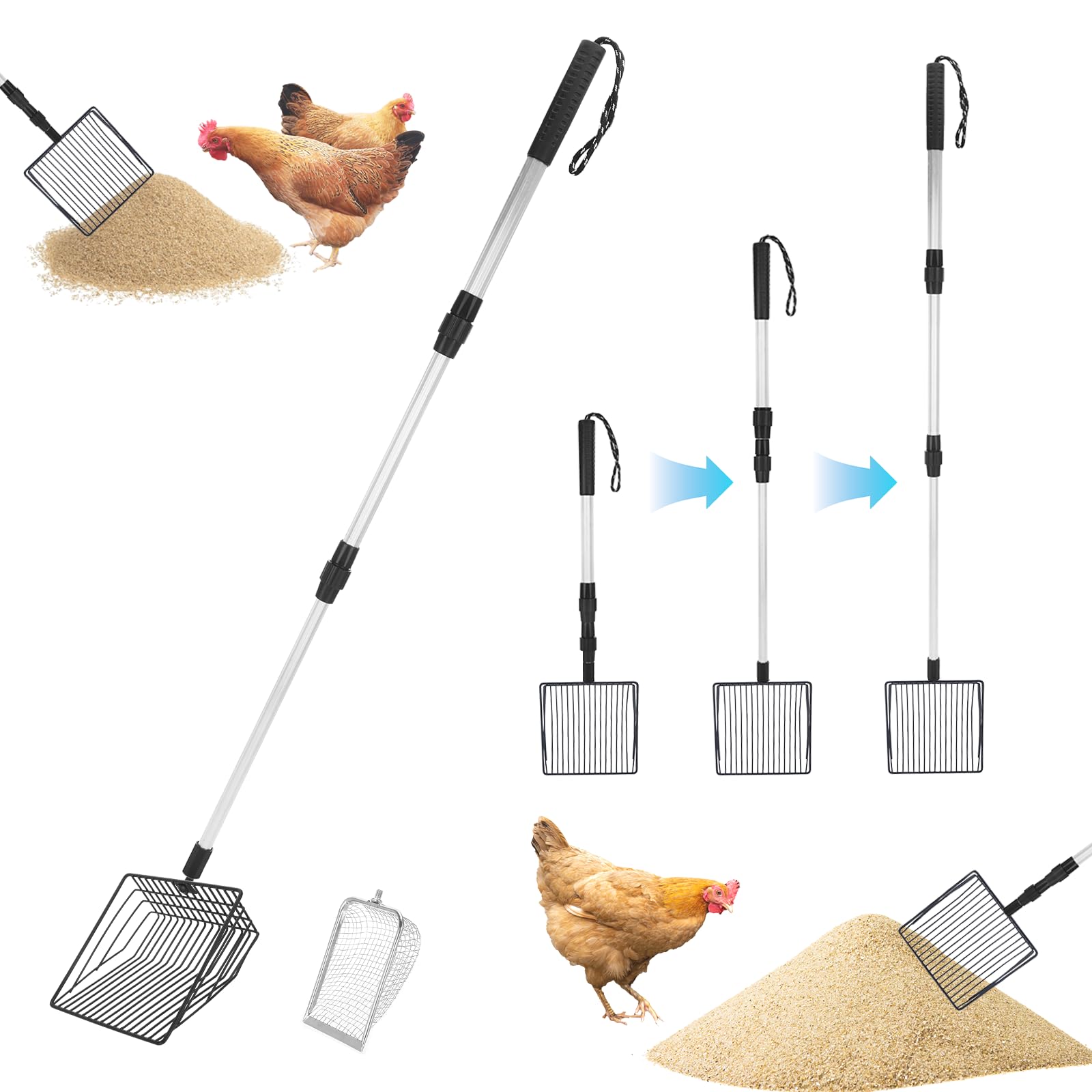 3 PCS Chicken Coop Poop Scooper,Stretchable Litter Scooper for Rudak Chicken,Detachable Stainless Steel Cat Litter Scoop with Mesh Replacement Head,Long Handle Cat Poop Scooper Sand Sifting Shovel