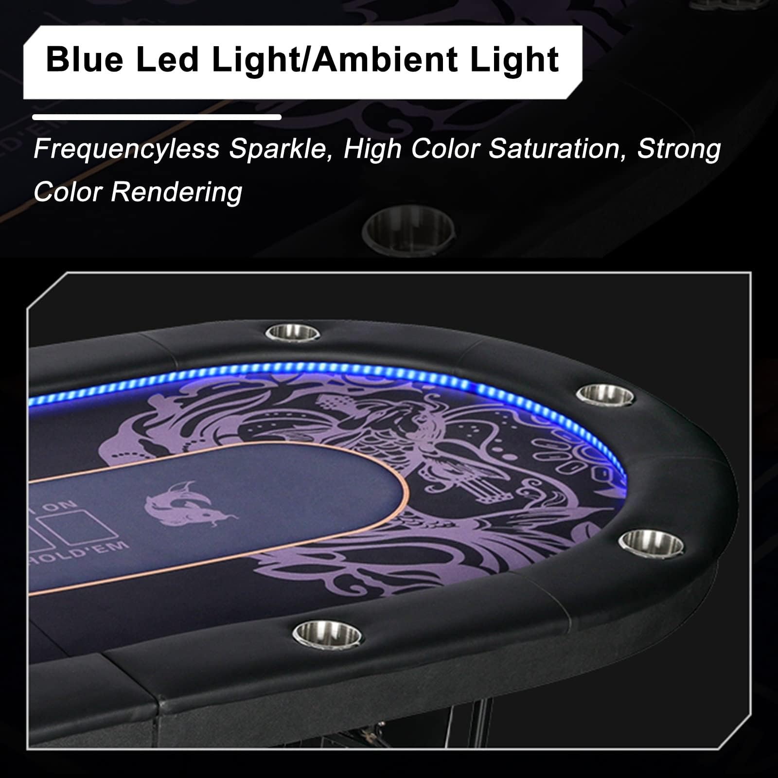 Tavolo da poker pieghevole per 10 giocatori con luci LED blu, portabicchieri in acciaio inossidabile e gambe pieghevoli - Tavolo da casinò per Texas Holdem Poker
