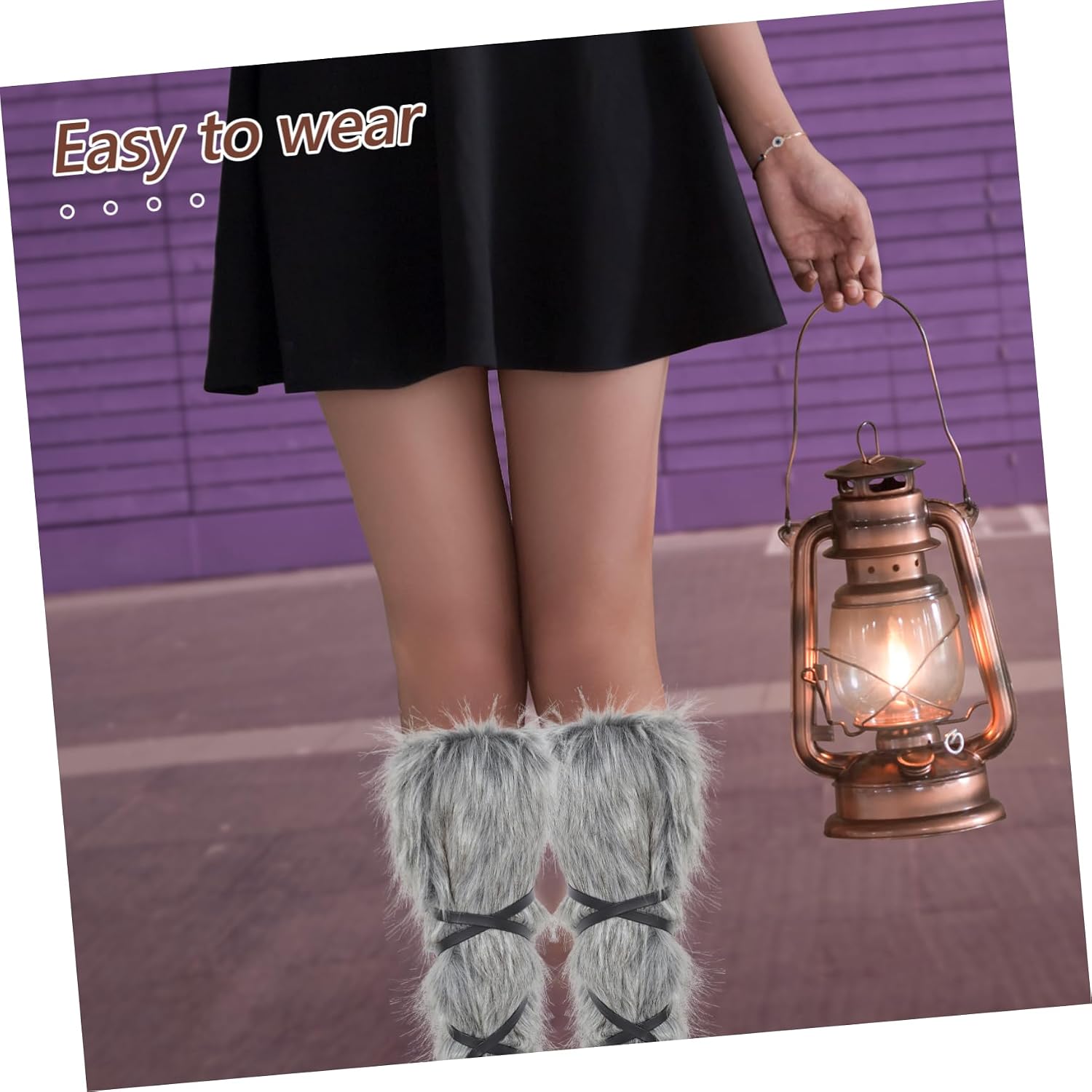Halloween Faux Fur Leg Warmers 2pcs Lace up Boot Covers for Cosplay