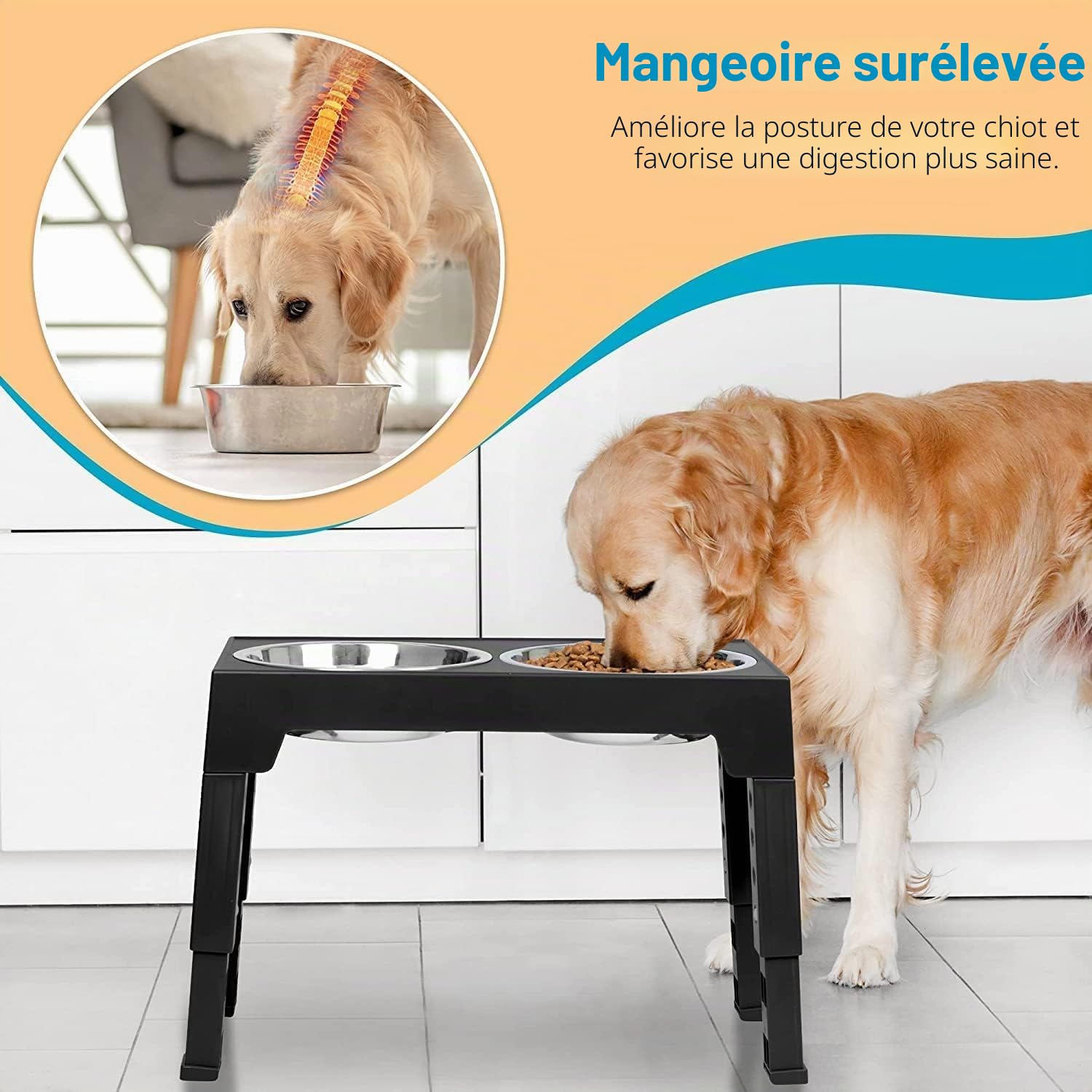 Romicta Gamelle surélevée pour Chiens de Grande Taille avec 2 gamelles en Acier Inoxydable de 1200 ML et 1 Gamelle Anti-Glouton - pour Chiens de Taille Moyenne et Grande - 5 hauteurs réglables