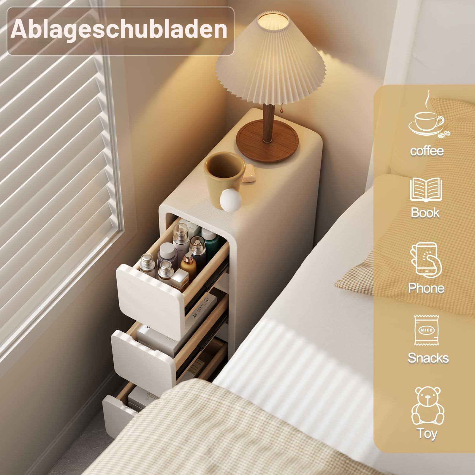 AQIMUELE Nachttisch, Schmal, Beistelltisch mit 3 Schubladen, Narrow Nightstand, Installationfrei, Kunstleder, für Schlafzimmer, Wohnzimmer, Breite 20 cm (weiß)