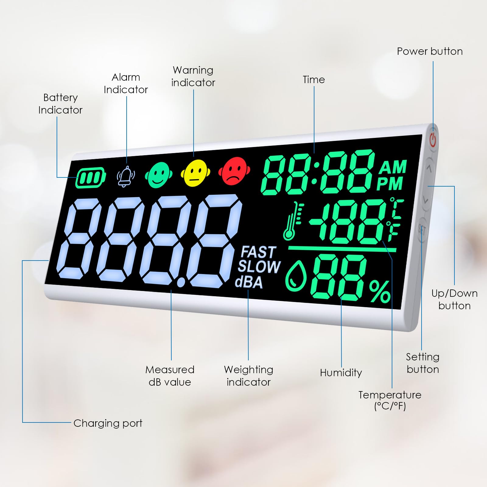 Decibel Meter 13 inches 30~130dB Sound Level Meter, Large LCD Display Wall Hanging Sound Gauge, Noise Level Detector, Decibel Monitoring Device, Time, Temperature, Humidity for Studio Classroom Home — Amazon image 9