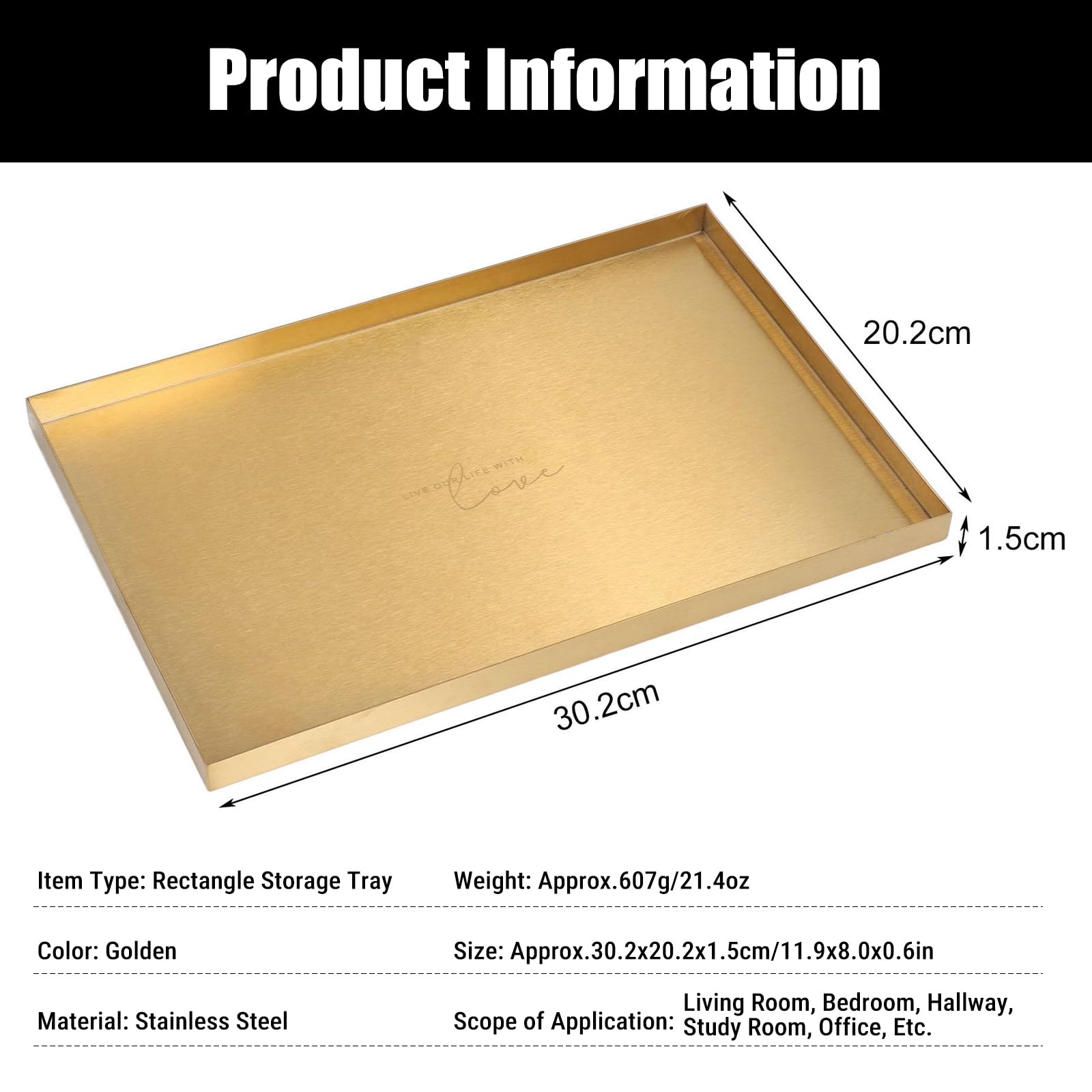 Vassoio Bagno Portaoggetti Impermeabile, 30x20cm Oro Vassoio Decorativo Rettangolare Grande, Acciaio Inox Vassoi Portaoggetti Per Vanità,Comò, Ingresso, Bagno, Vasca, Gioielli,Cosmetici,Candele
