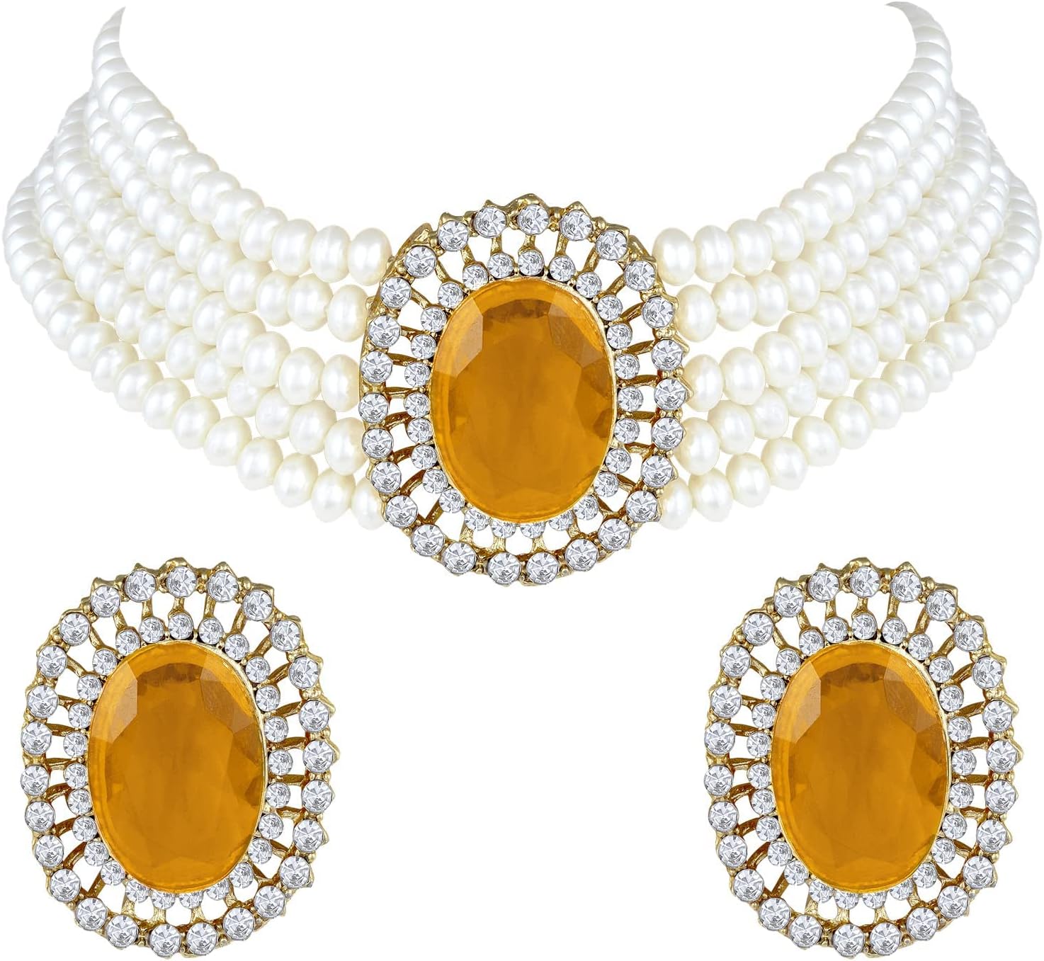 Aheli Kundan Pearl Choker Multi Layered Beaded Necklace Earrings Set Indian Traditional Wedding Jewelry for Women, AH-PF26N1403