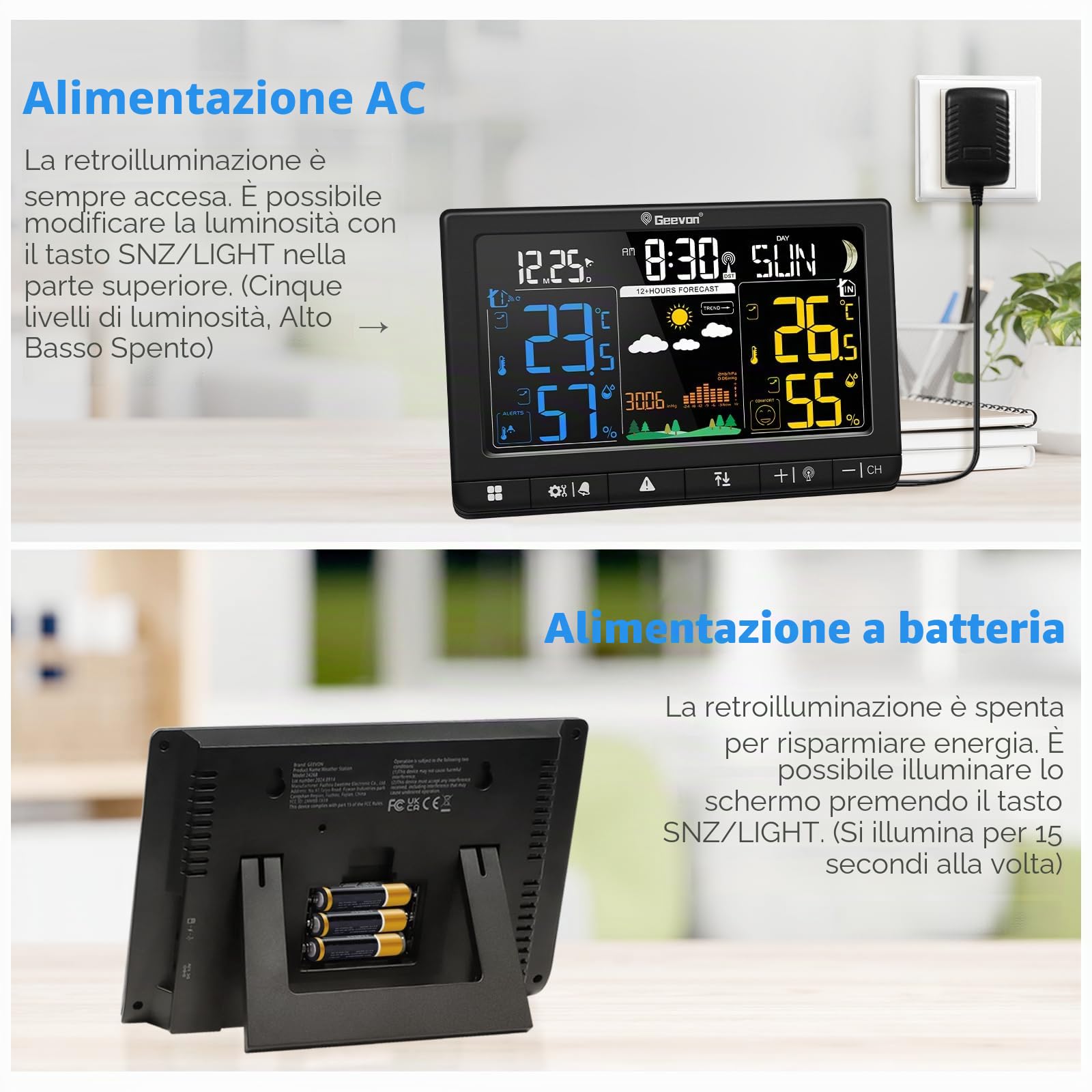 Geevon Stazione meteo radio con sensore esterno, orologio radio DCF, ampio angolo di lettura LCD a 350°, per interni ed esterni, umidità, barometrico, fase lunare, previsioni meteo (246304 con