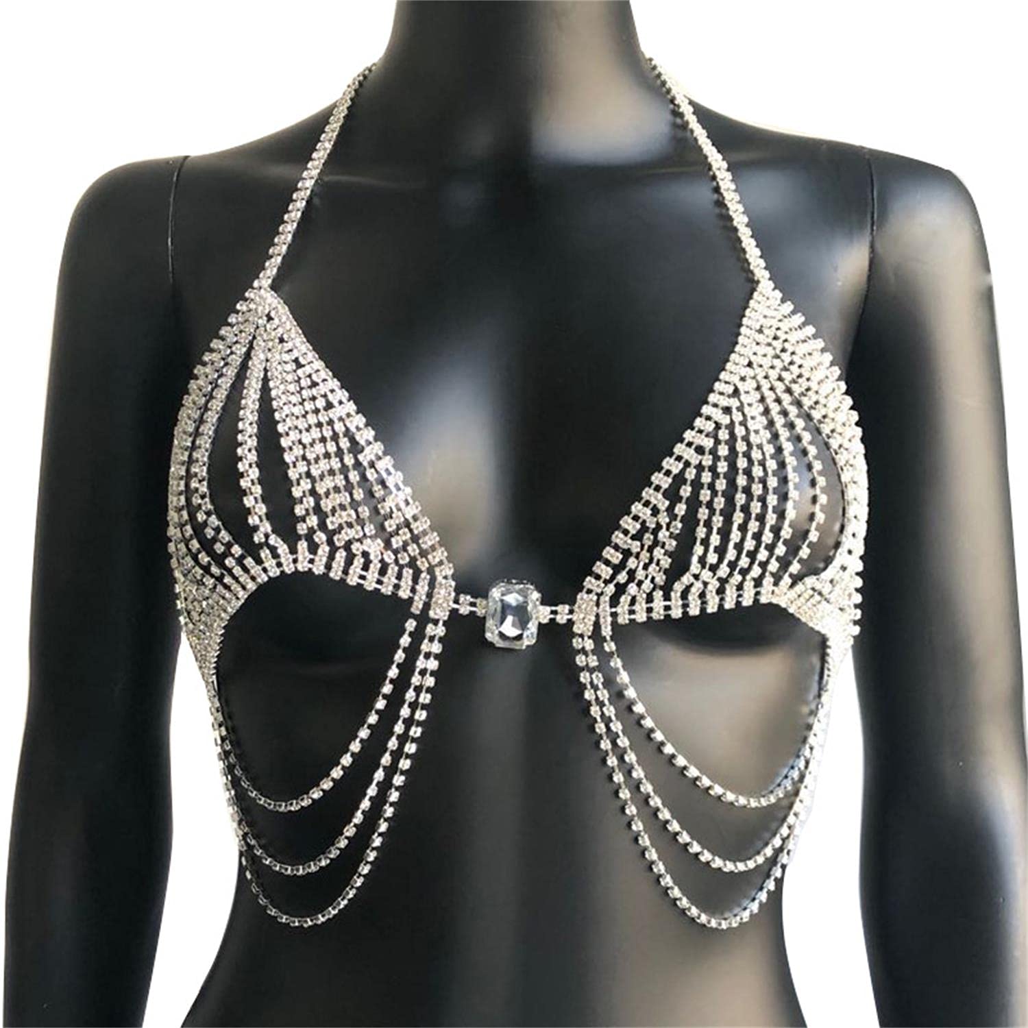 Sexy Diamond Chest Chain Bra Panties Sparkly Rhinestone Body Chain Crystal Bikini Chest Jewelry Lingerie Woman Nightclub Clothing (Gold)
