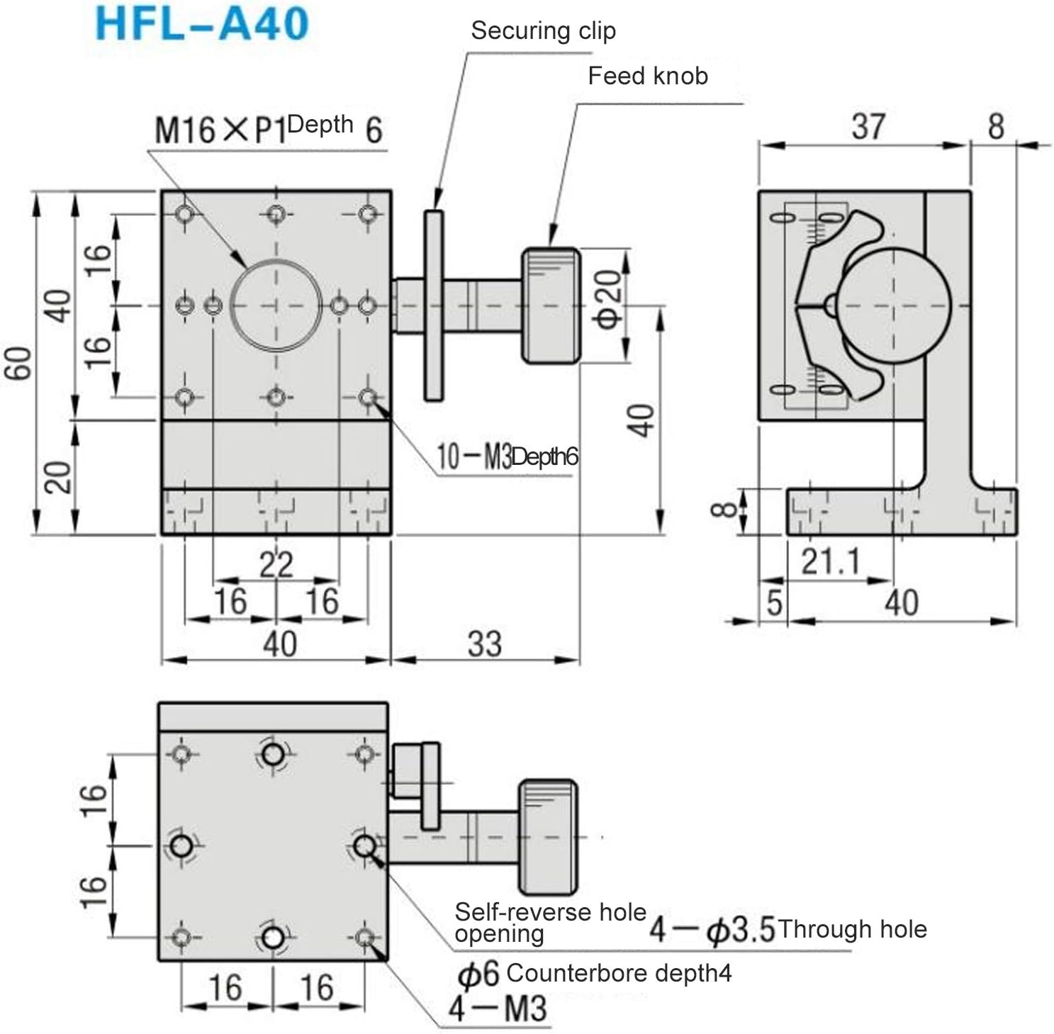 HFL - A40 40×40 mm Gear Lifting Stage, Aluminum Alloy Z Axis Dovetail Manual Trimming Platform, Scratch Resistant Linear Translation Stage