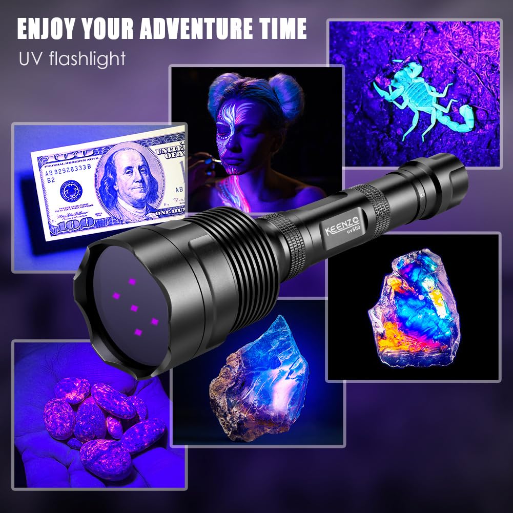 KEENZO Torcia UV a Luce Nera da 365 nm, con 5 LED Professionali, 50 W, Potente Torcia a Luce Nera per Trovare Urina di Animali Domestici e Minerali, Ricerca di Scorpioni