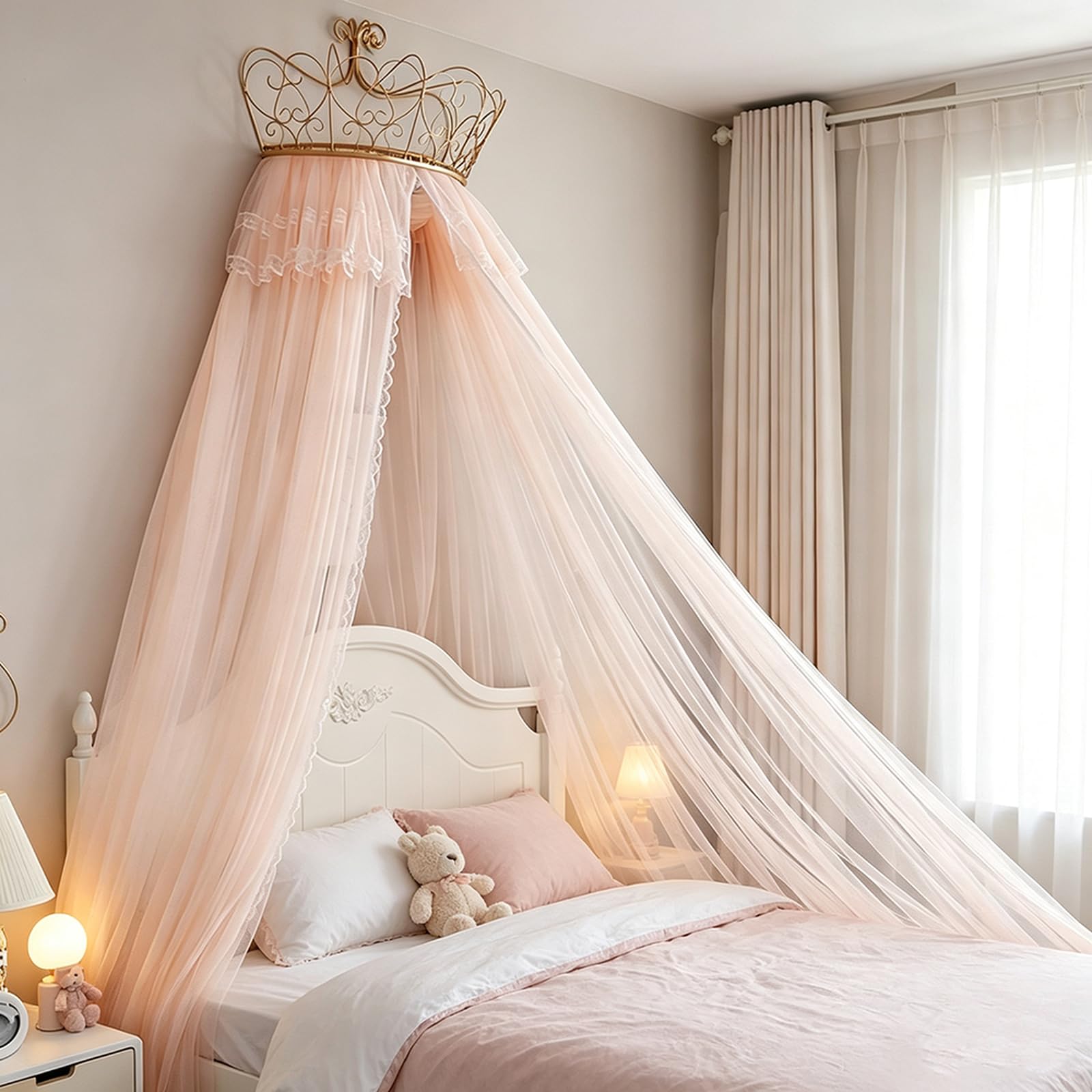 SDCGB Bed Canopy for Girls Room, Premium Bed Canopy Curtains with Metal Crown, Princess Tents Bed Canopy Valance, Blush Pink