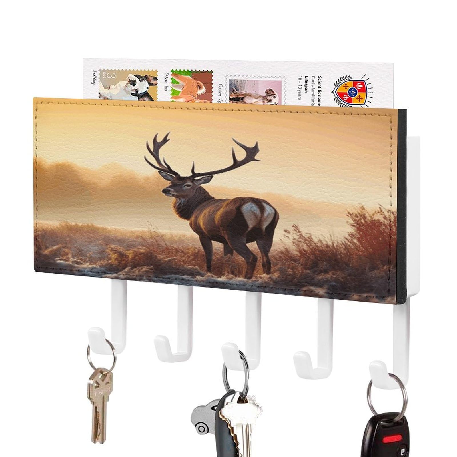 FekiLoot Landscape Deer Key Holder Wall Mount Key Hanger with 5 Hooks Decorative Key Rack Hanging Key Hooks with Mail Organizer Key Holder for Wall Living Room Kitchen Bathroom Hallway White