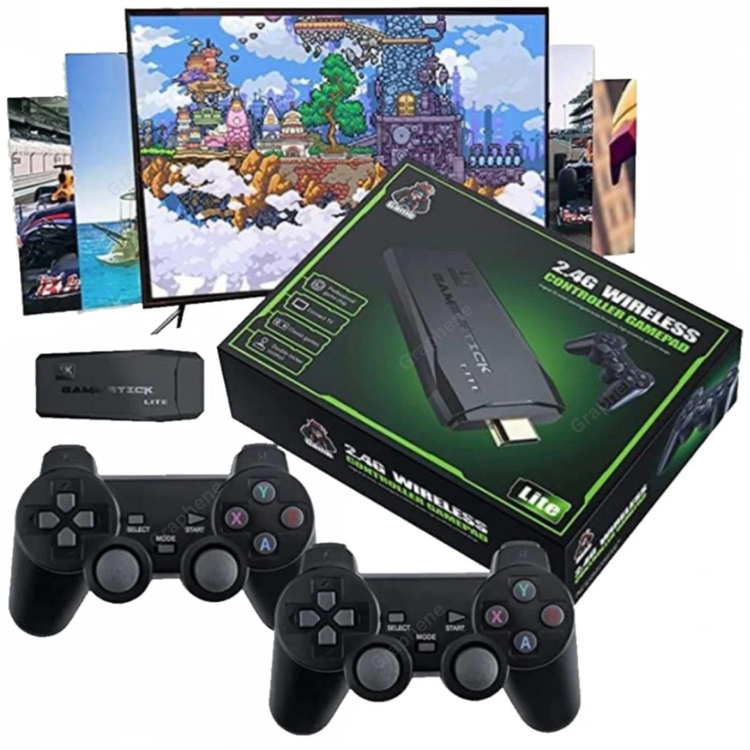 Playtastic Game Stick Lite Video Gaming Console 2.4G 10000+ Games Wireless Controllers Gamepad 64GB Preloaded 9 Emulators CPS,GB,GBA,GBC,MD,SFC,FC,N64,PS1,PSP Dual Retro Game Console Plug&Play
