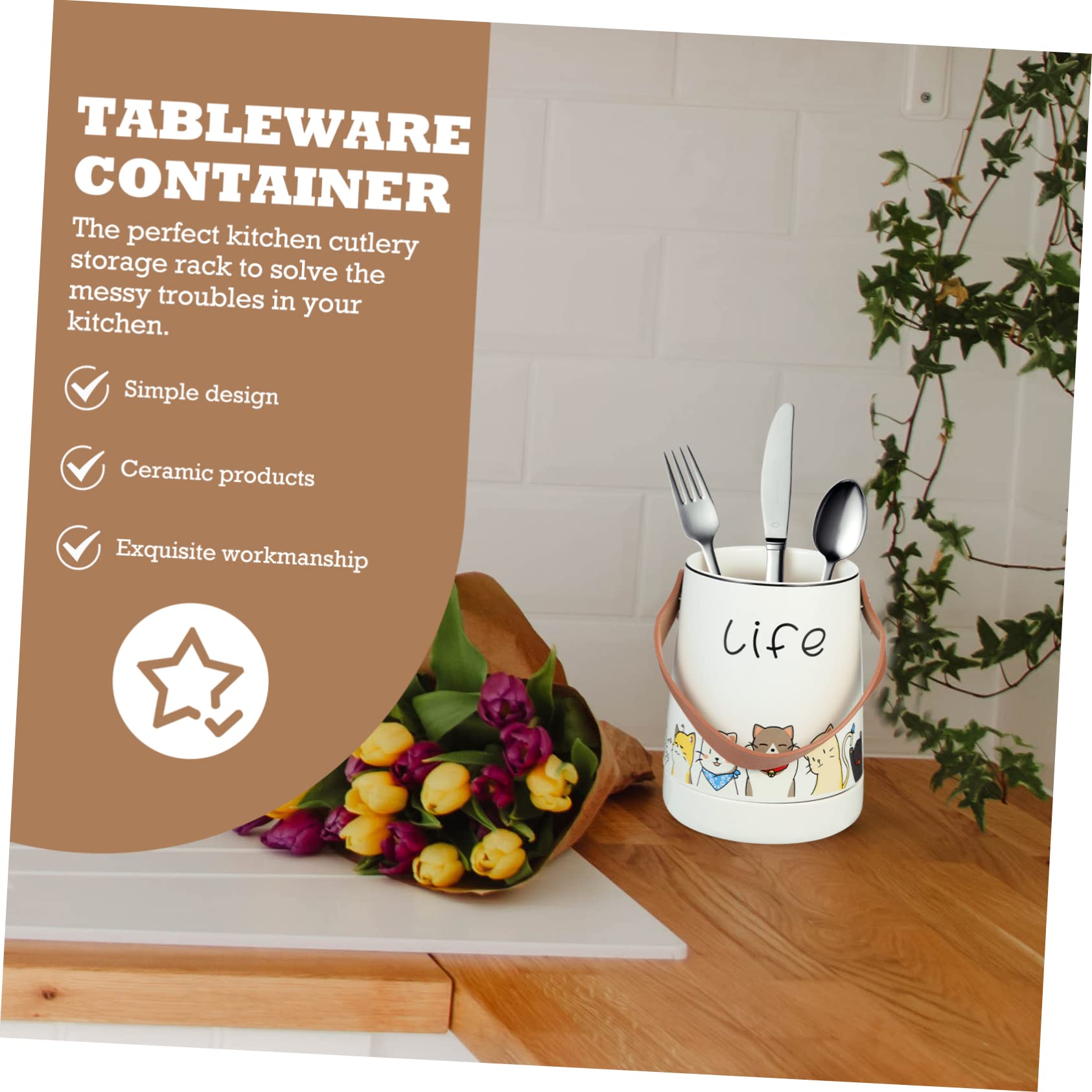PRETYZOOM Organisateur de Baguettes en Céramique Blanc Porte-ustensiles Drainant pour Fourchettes et Cuillères, Support Simple et Stylé pour Rangement Cuisine