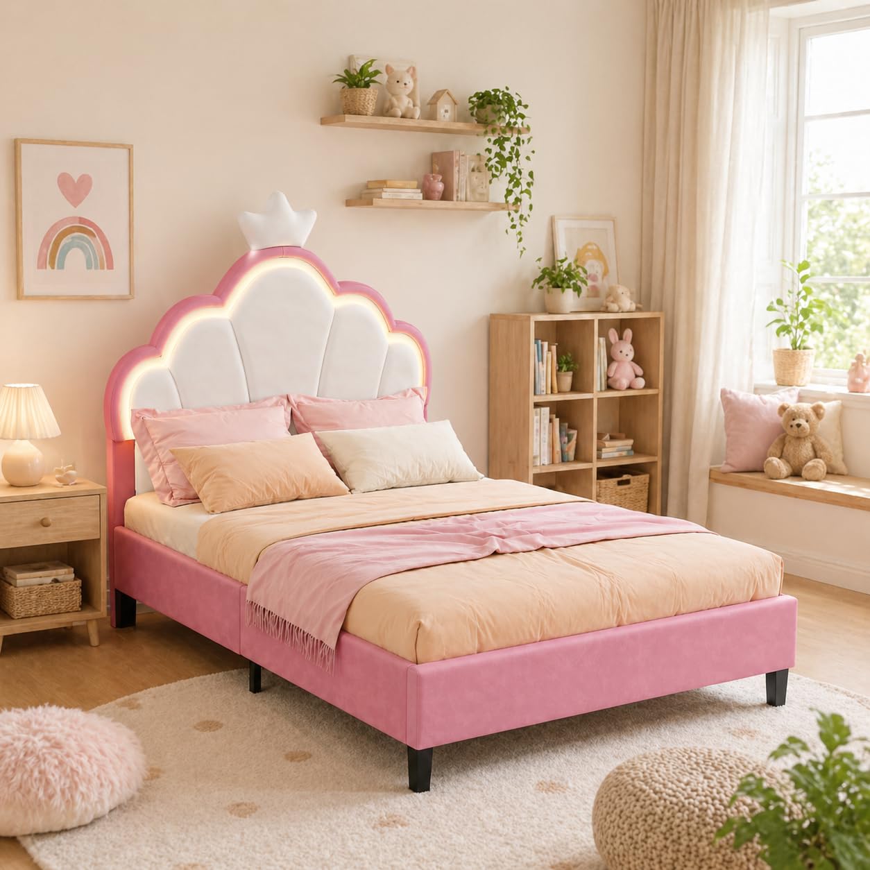 Kinderbett Polsterbett 90x200 cm, LED Einzelbett für Mädchen mit Kronen-Design und verstellbarem Kopfteil, gemütliches Samtbett für fantasievolle Kinderzimmer (90x200cm)