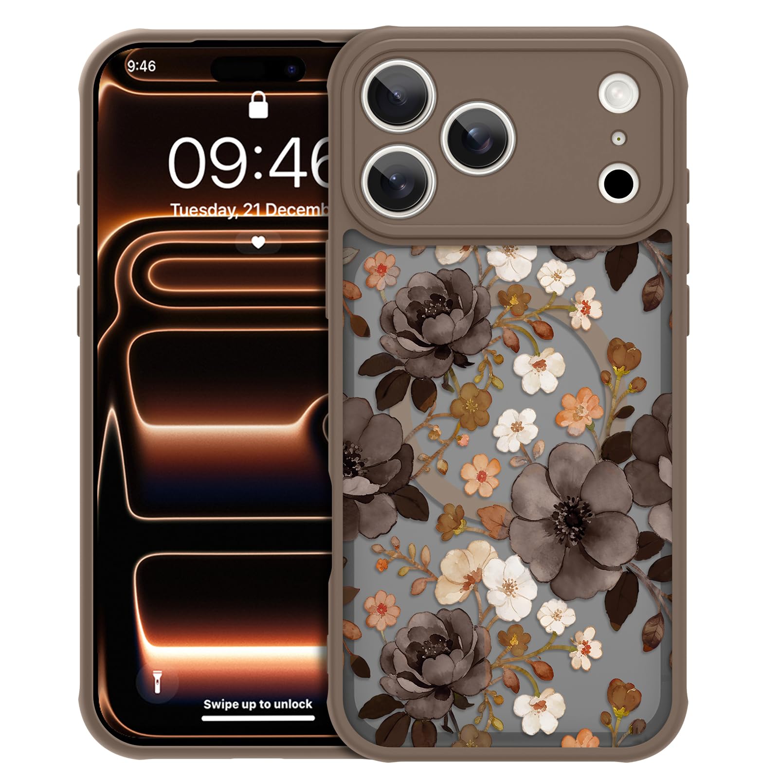 LSL Funda magnética para iPhone 17 Pro Max compatible con MagSafe, bonito diseño de flores, funda protectora de TPU a prueba de golpes para mujeres y niñas, color marrón
