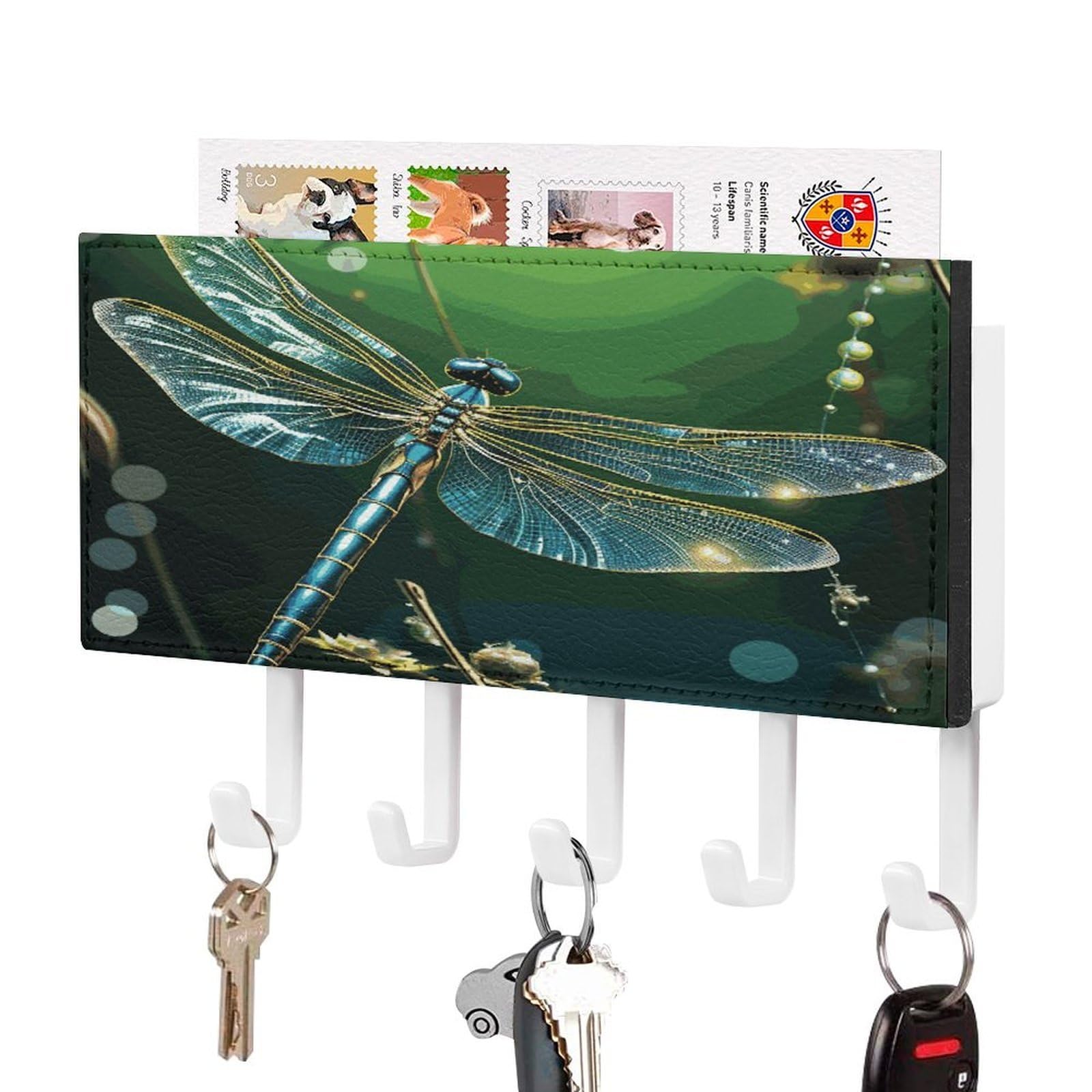 FekiLoot Dragonfly Green Key Holder Wall Mount Key and Mail Holder Key Hanger with 5 Hooks Decorative PU Key Rack Hanging Key Hooks for Wall Living Room Kitchen Bathroom Hallway White-Style