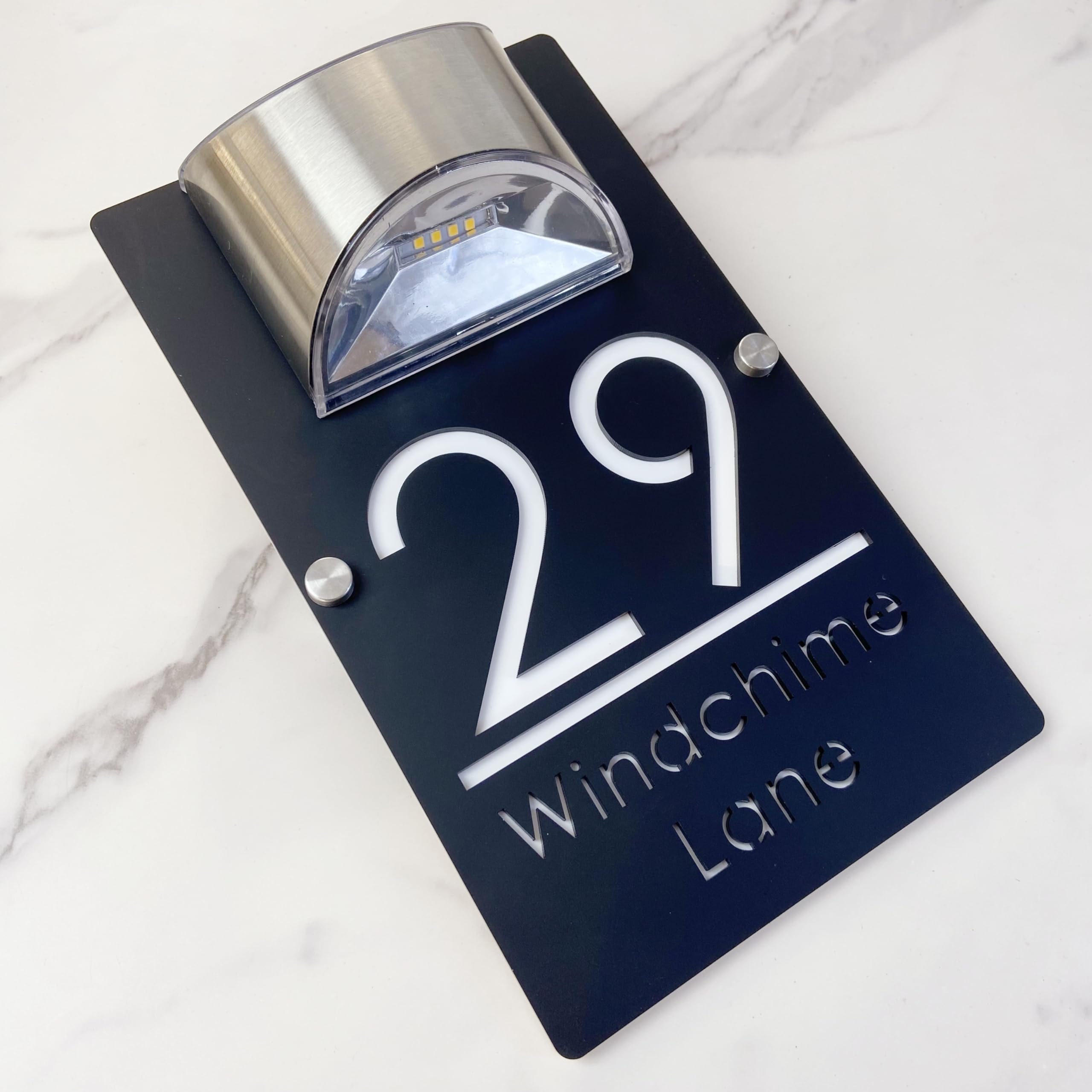 Solar Powered LED House Number Sign – Personalised Illuminated Door Plaque with Laser Engraving – Auto ON at Night – Waterproof Acrylic Address Plate for Home Wall or Gate (Black white)