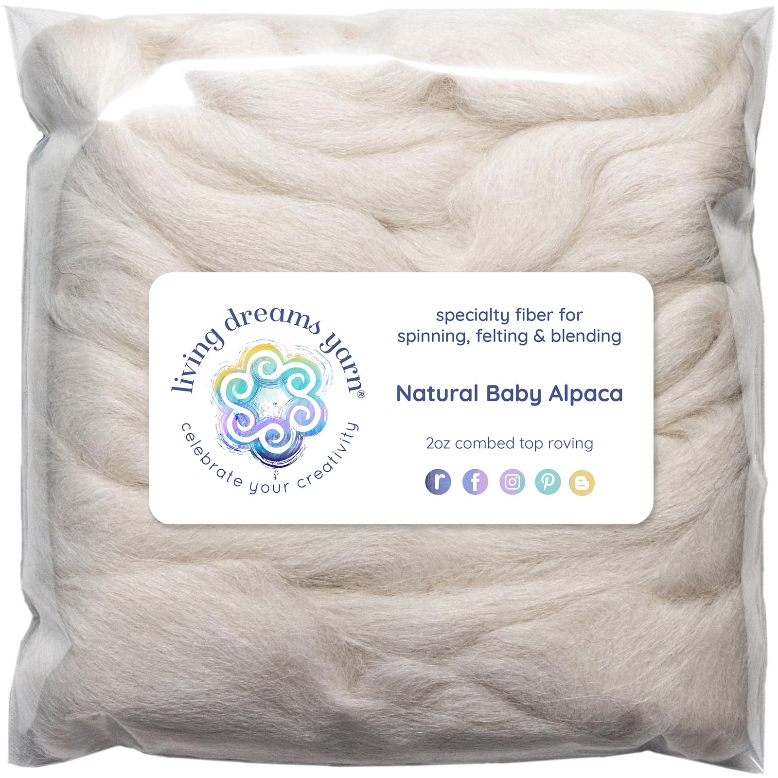 Baby Alpaca Fiber Natural Combed Top Roving. White, 2 oz