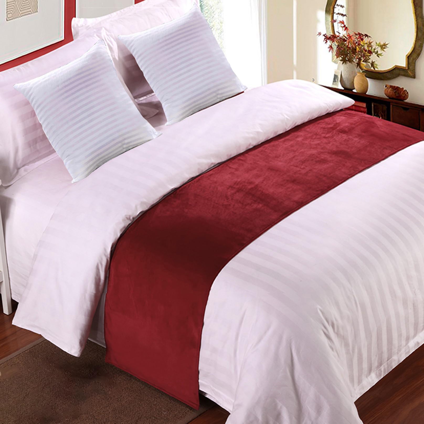 LEEMQCYA Velvet Bed Runners Bedspread Cover Solid Soft No Fading Bed Scarf Protection for Bedroom Wedding Room Home Hotel Bedding Decorations,Red-45x260cm for 2m bed