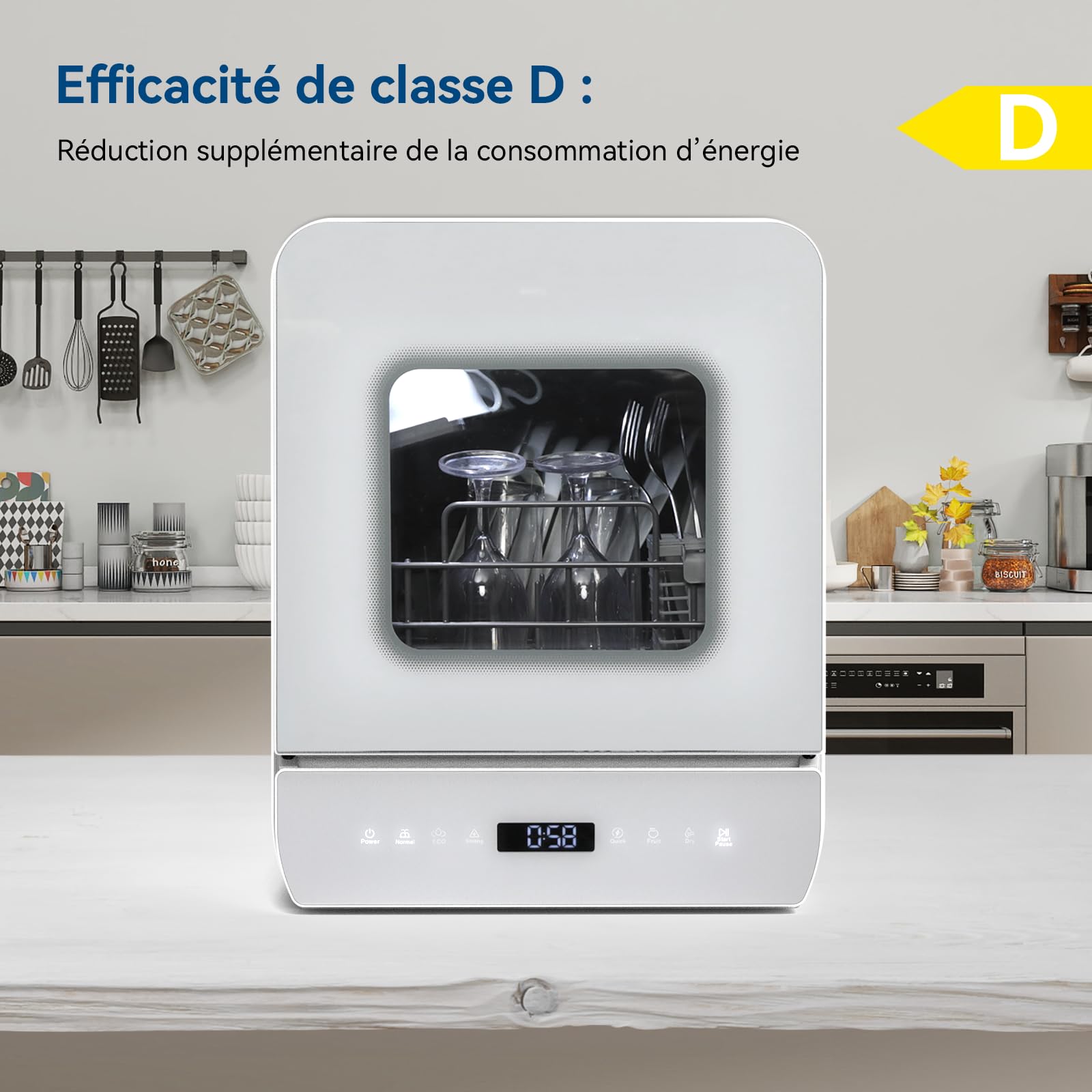 YU YUSING Mini Lave-vaisselle Compact 7 Programmes 37cm, Portable 3 Couverts, Réservoir 4.8L, Écran LED