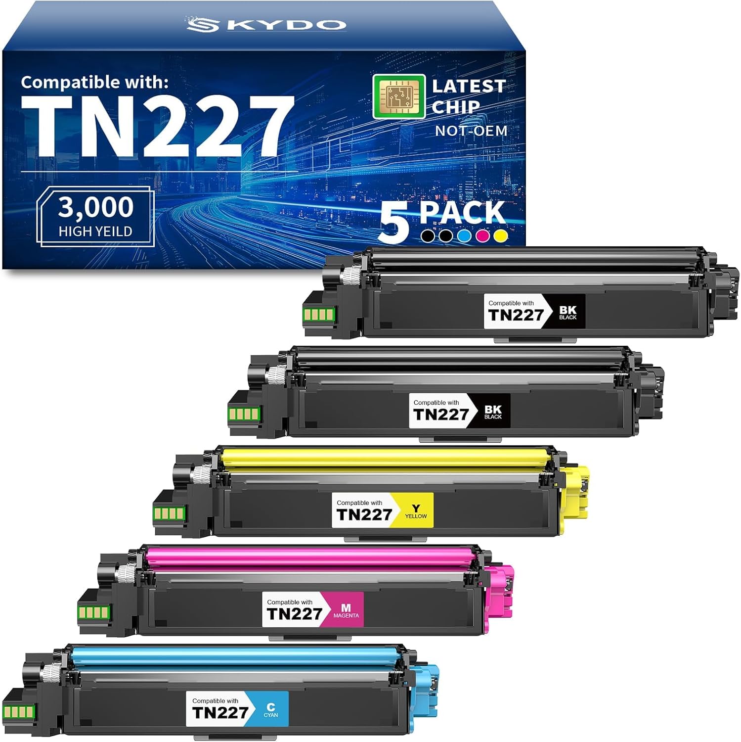 TN227 TN-227BK/C/M/Y High Yield Toner Cartridge Replacement Compatible for Brother TN 227 TN-223BK/C/M/Y Use with MFC-L3770CDW HL-L3270CDW MFC-L3710CDW HL-L3210CW HL-L3290CDW Printer(2BK/1C/1M/1Y )