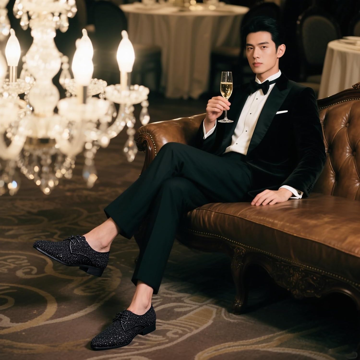 Men's Sequined Pointed Toe Oxford Shoes Fashion Glitter Sparkly Lace Up Low Block Heel Tuxedo Dress Shoes for Party Prom Wedding - Image 6