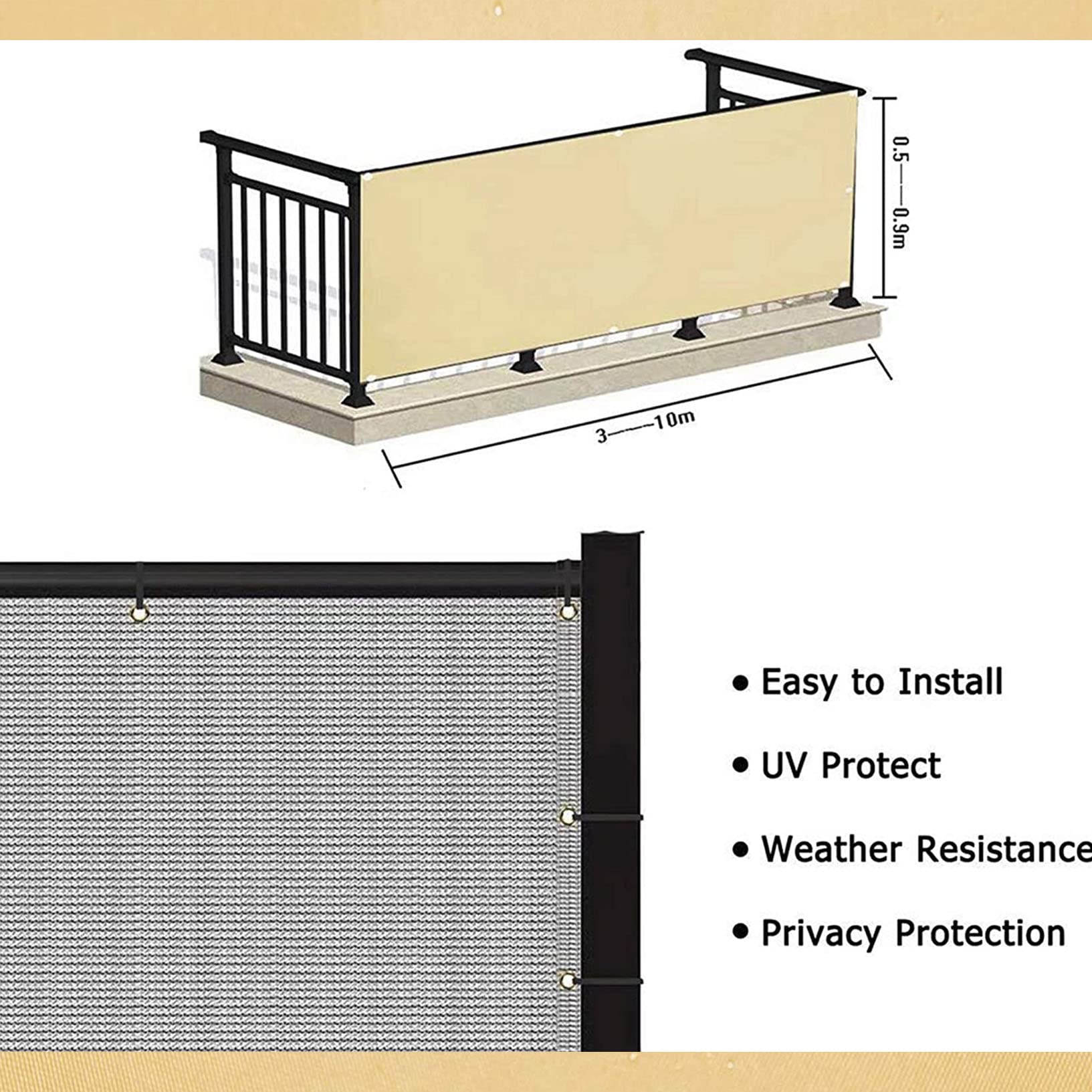 Balkon 1,2 x 9 m PCW ochrona przed promieniowaniem UV osłona przeciwwiatrowa na zewnątrz patio ogród podwórko kremowy kolor