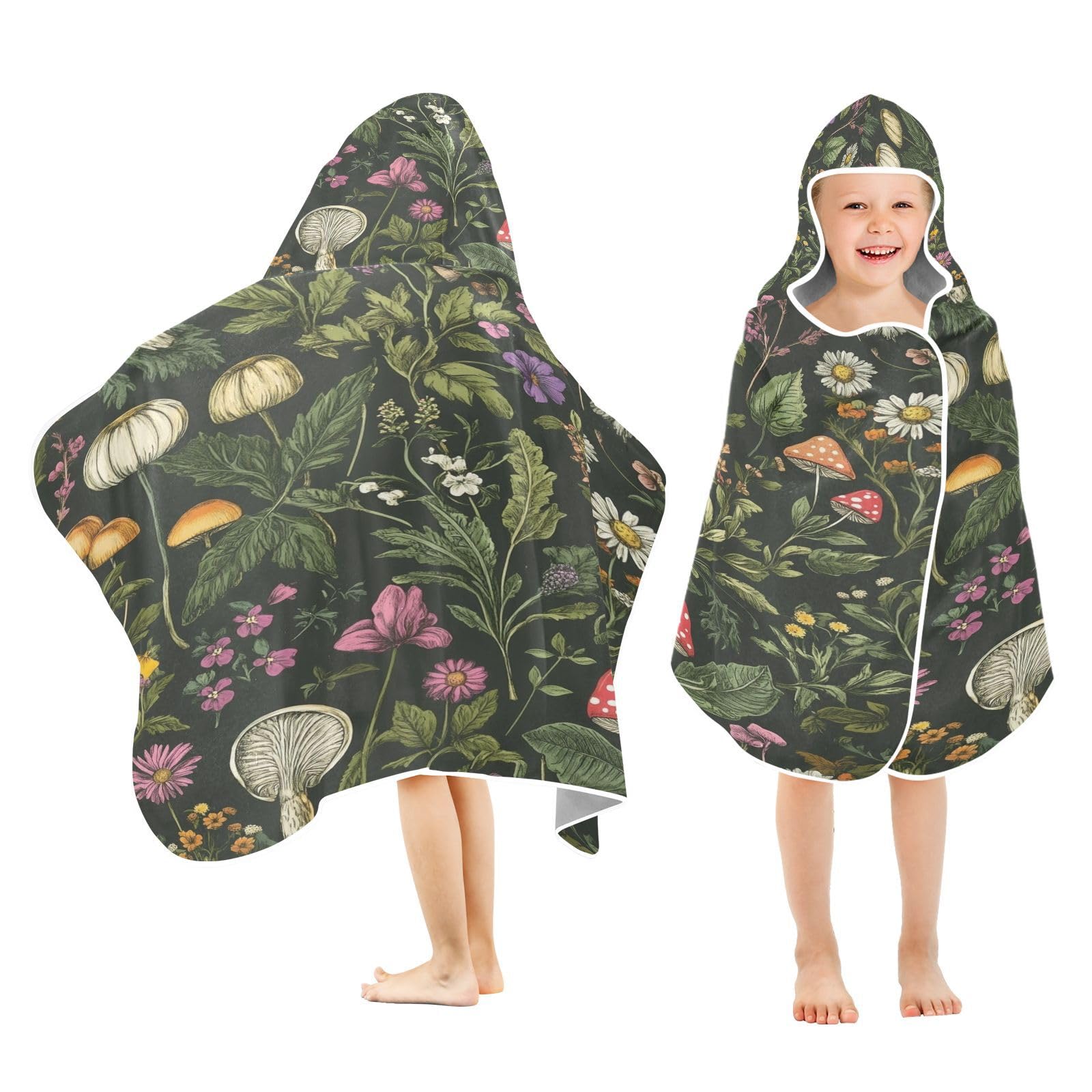Kigai Flowers Mushroom Hooded Beach Towel for Kids Soft Absorbent Quick Dry Bath Towel with Hood Lightweight Toddler Shower Pool Bath Wrap for Boys Girls
