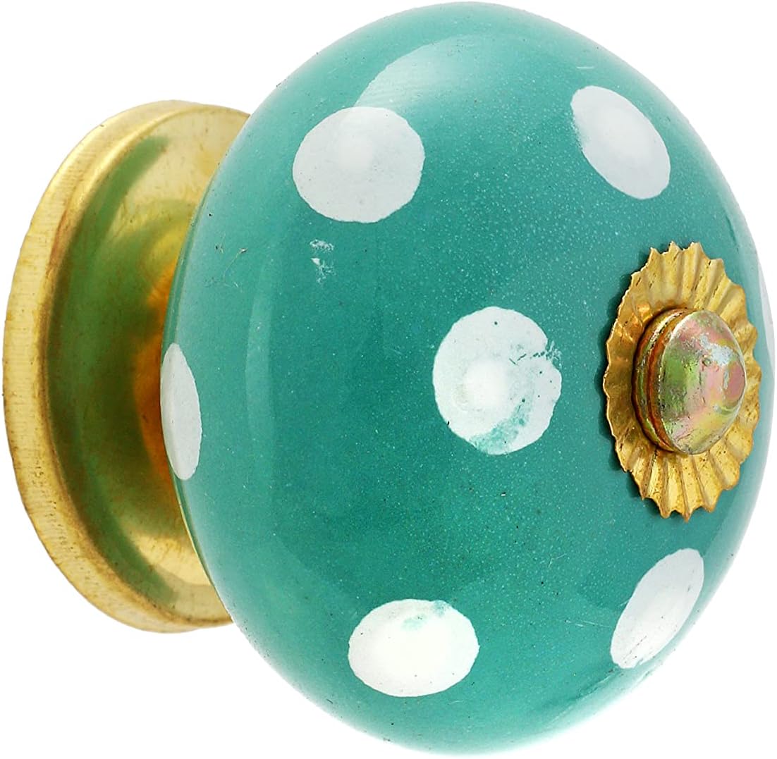 Kitchen Cabinet Knobs - Indian Handmade Ceramic Dresser Pull Handle Kitchen Cupboard Wardrobe Drawer Pulls Boho Furniture Hardware - Yellow Rangoli - Pack of 4