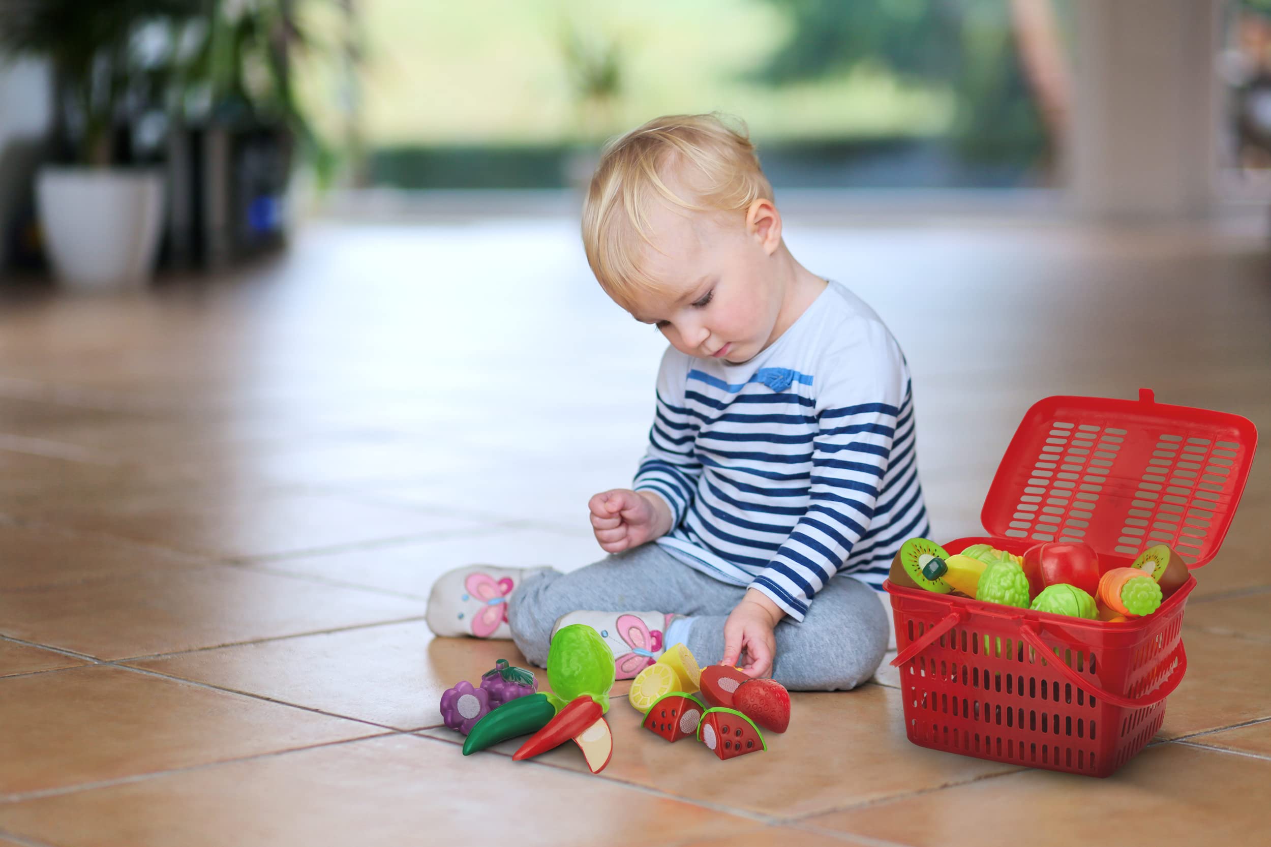 Amazon Brand - Jam & Honey Fruit and Vegetable Basket Toy for Kids|Pretend and Play Food Basket |Realistic Cutting and Slicing | Ideal for Kids Age 3+/7 Fruits/7 Vegetables/1 Chopping Board/1 Knife, - Image 5 thumbnail