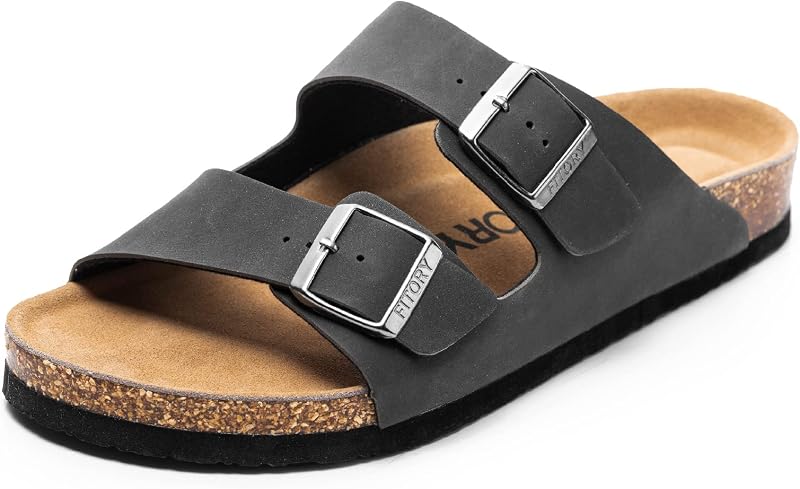 FITORY Mens Leather Insole Sandals with Two Buckles Open Toe Slides | Non-Slip,Open Toe，Double Straps,Casual,Comfortable,Indoor and Outdoor,Beach,Summer,Vacation