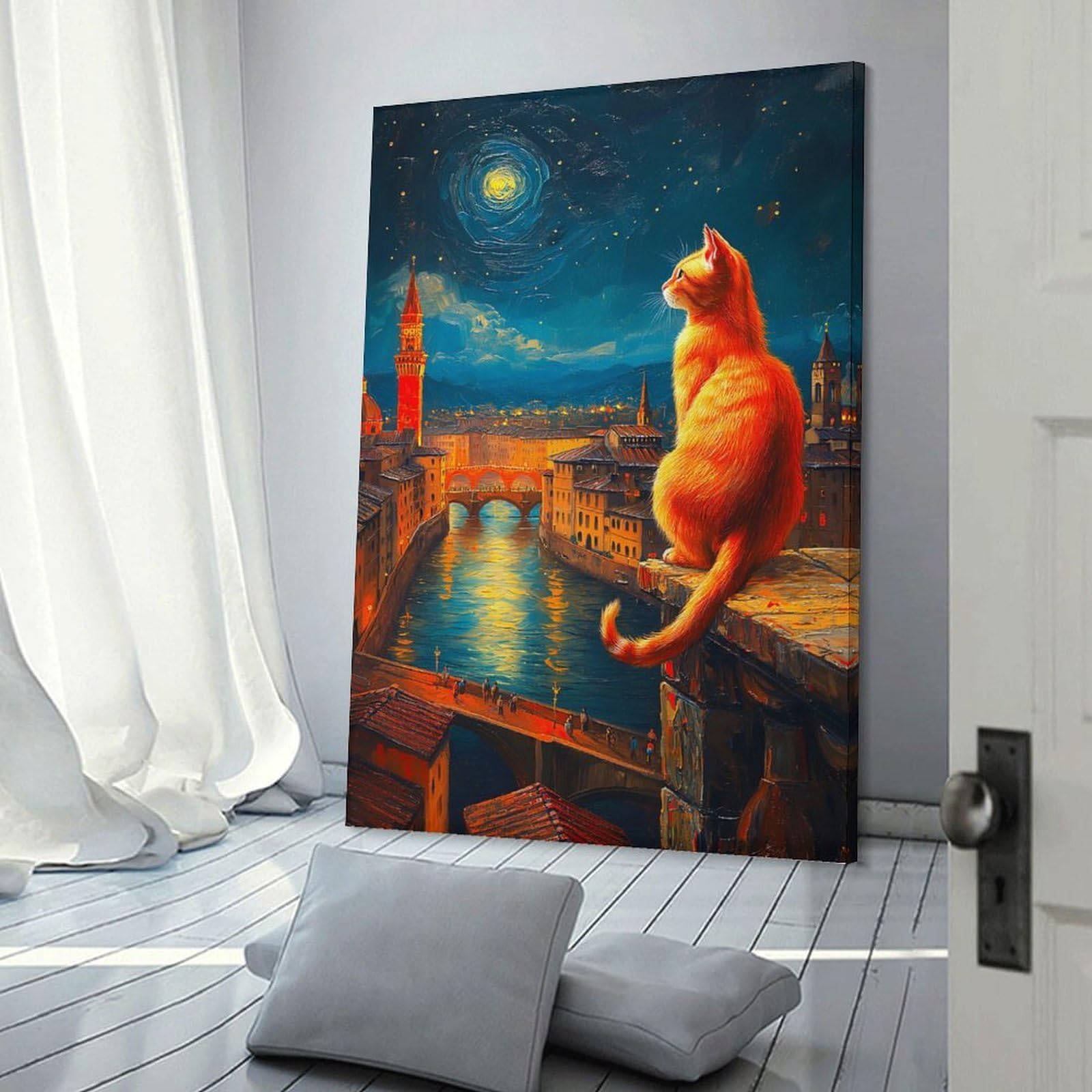 Junmoney Canvas Wall Picture Cat Overlooking Florence at Night, 24x36inch(60x90cm), for Calm Bedrooms, Home Corners Or Flats, Decorative Wall Art for Cosy Rooms
