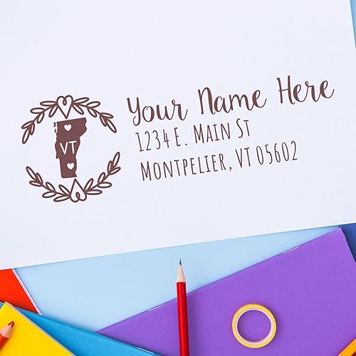 Miniatura 345 de State Love - Sello de dirección autoentintado para Texas, caja rosa, púrpura o negra, impresiones limpias y nítidas, diseño rectangular, tamaño 7/8