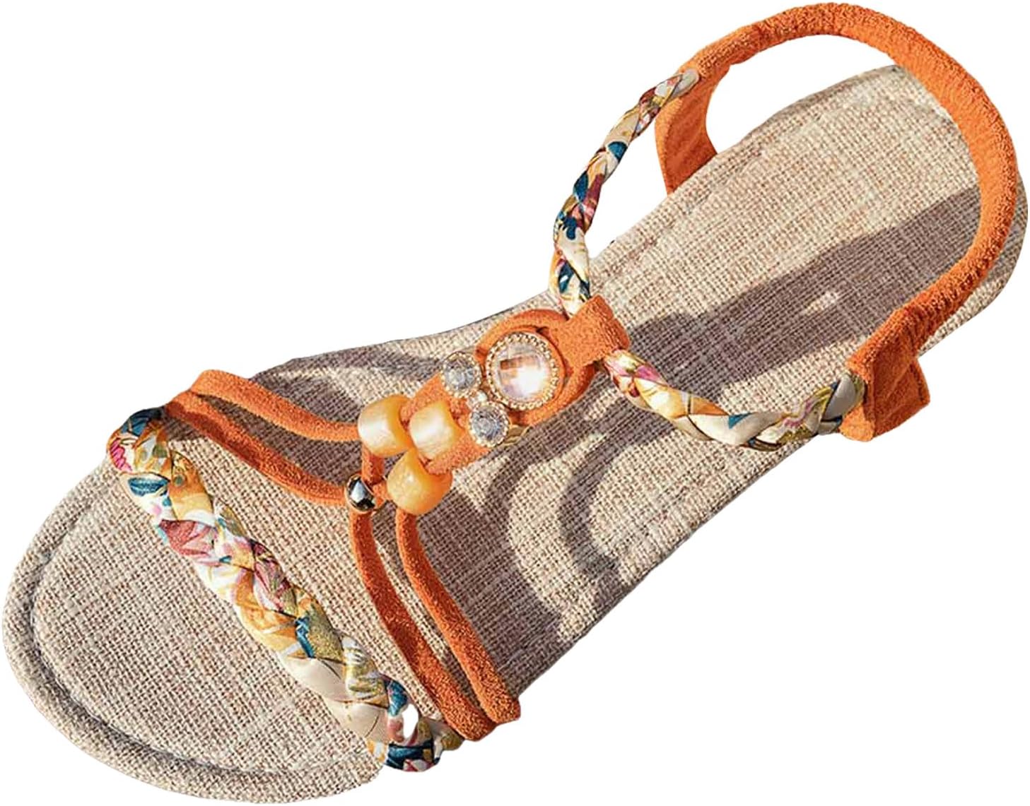 Xbemkste Women's Sandals Bohemian Summer Sandals Flat with Rhinestone Beads Beach Sandals Ankle Elastic Sandals Beautiful Knitted Sandals