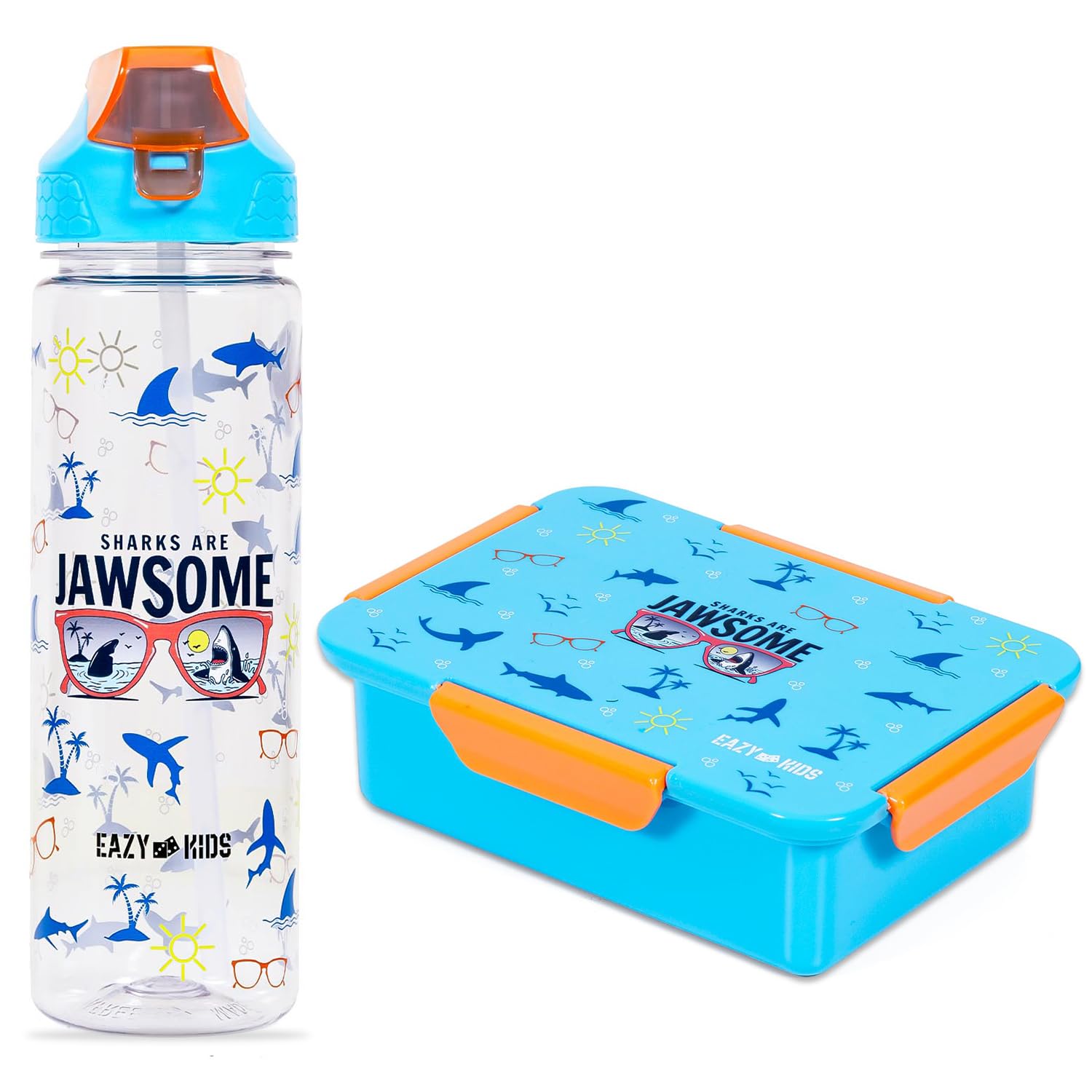 Eazy KidsLunch Box and Tritan Water Bottle w/ 2in1 drinking Flip lid and Sipper Jawsome-Blue