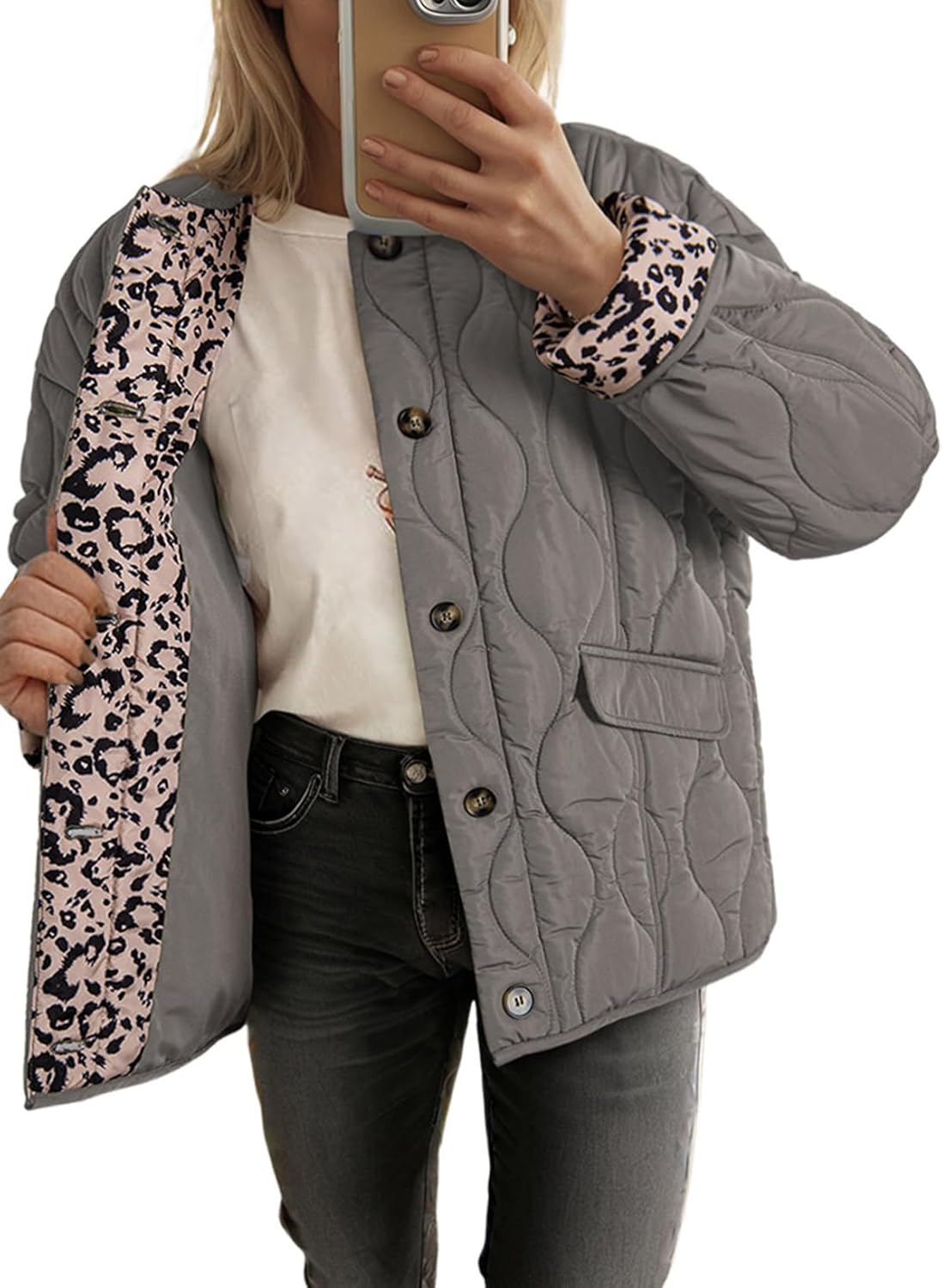 Dokotoo Casual Quilted Jackets for Women Button Down Leopard Puffer Jacket Womens Winter Coats with Pockets