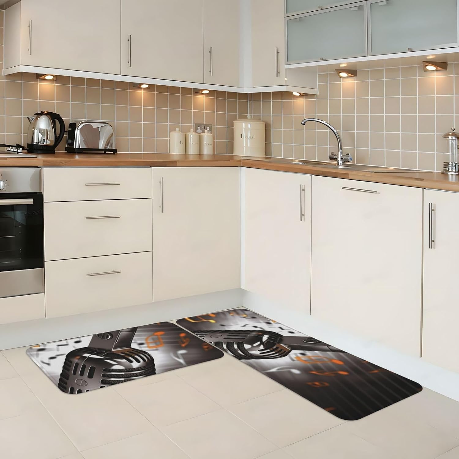 Microphone with Music Notes Kitchen Mats for Floor 2PCS, Cushioned Anti Fatigue Kitchen Floor Mat Runner, Non-Slip Kitchen Rug Comfort Standing Mat for Sink, Office 17"x29.5"+17"x47.2"