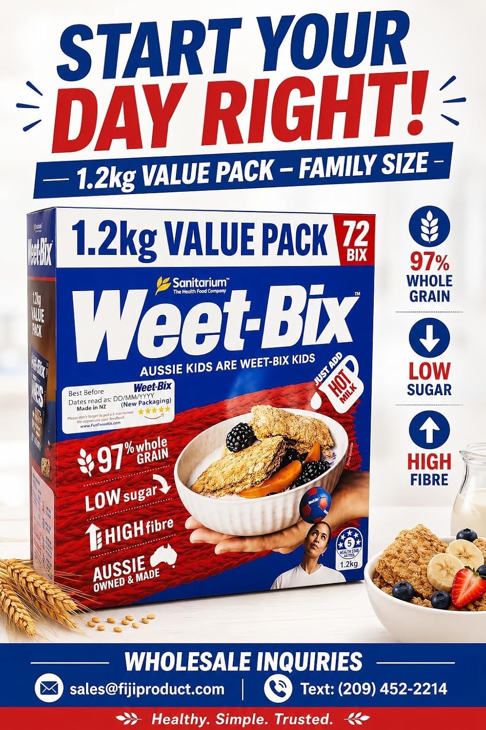 New! Weet-Bix 97% Whole Grain (1.2 Kg VALUE PACK 72 BIX) By Sanitarium Australia, Weet-Bix is a whole-grain wheat breakfast cereal ...