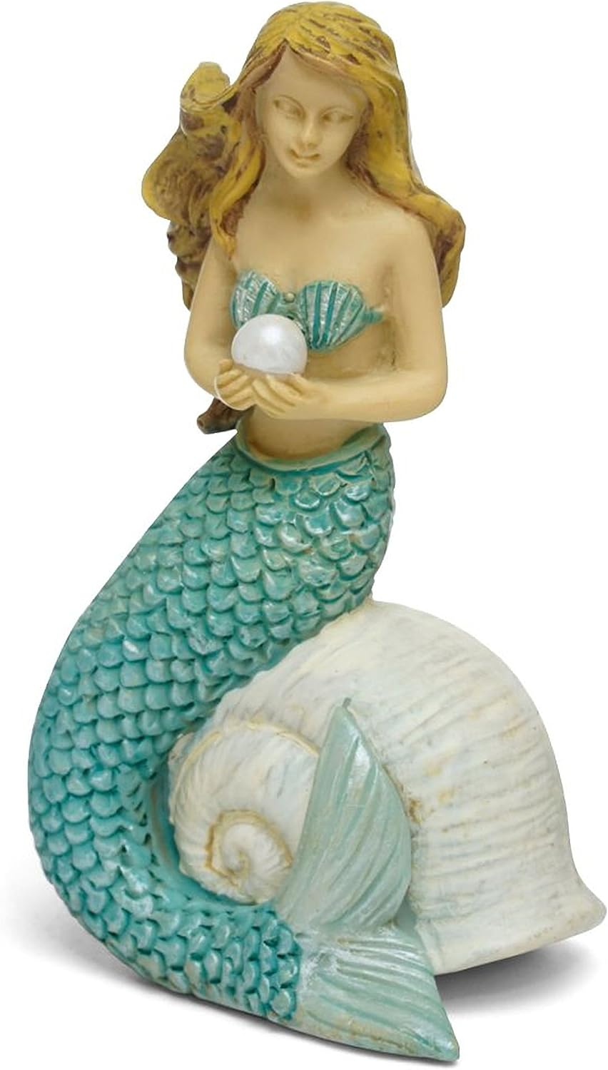 Mermaid With Pearl On A Seashell Aqua Blue 8 Inch Resin